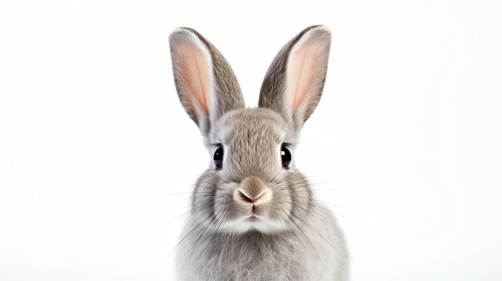 Charming image of a small grey rabbit with lop ears, looking curiously at the camera, its delicate features highlighted against a stark white background, ideal for pet care adverti photo