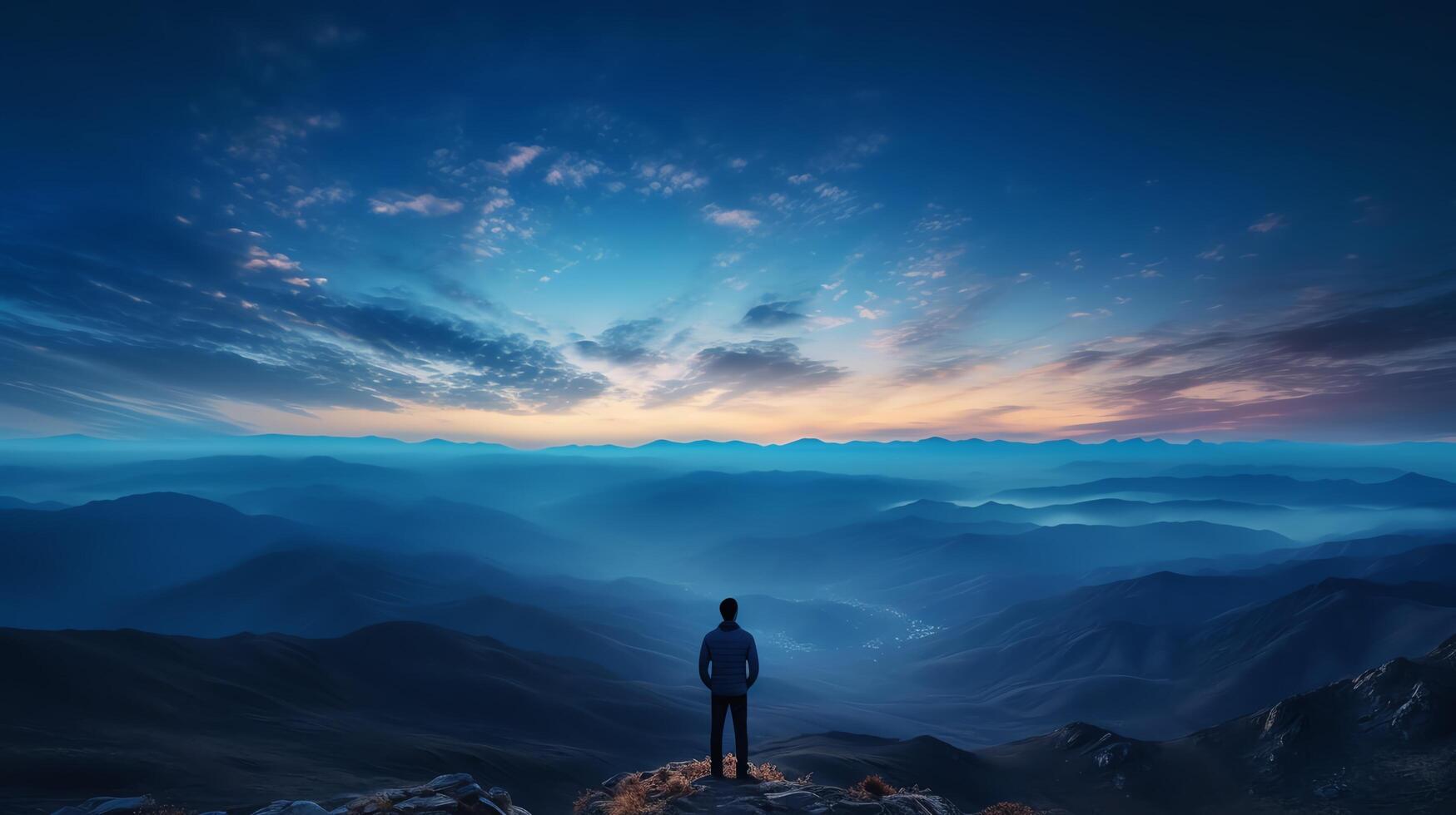 A man stands alone on a mountaintop, looking out over a vast landscape photo