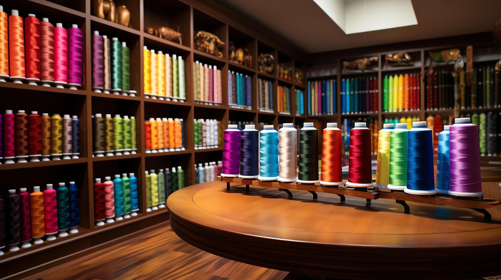 Brightly lit sewing studio with a display of spools of thread in every color of the rainbow, arranged neatly on shelves, showcasing the vibrancy of fashion design. photo