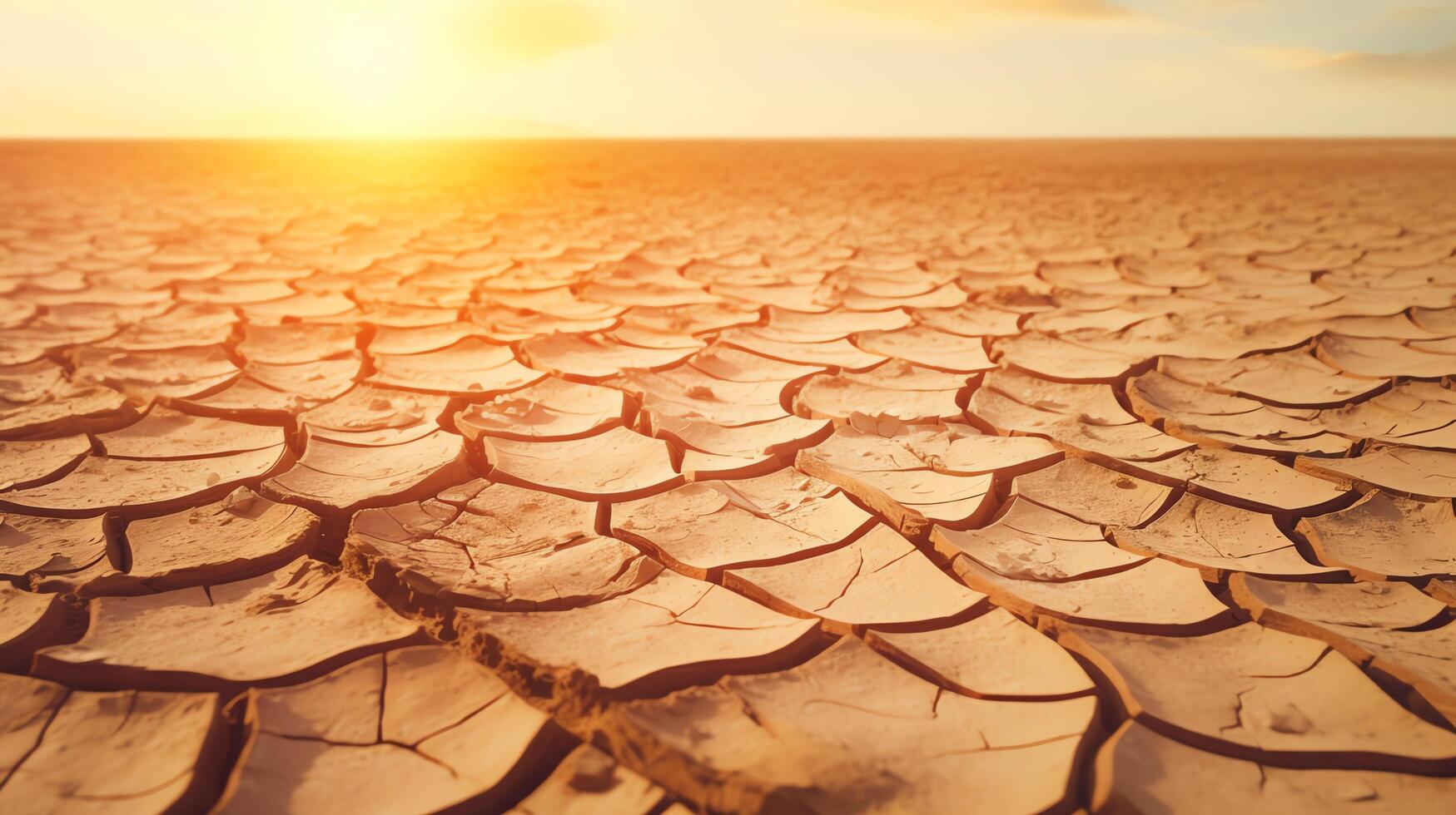 Close-up of a cracked ground surface in a desert, emitting heat haze, metaphorically representing the 'boiling' Earth in extreme temperatures. photo
