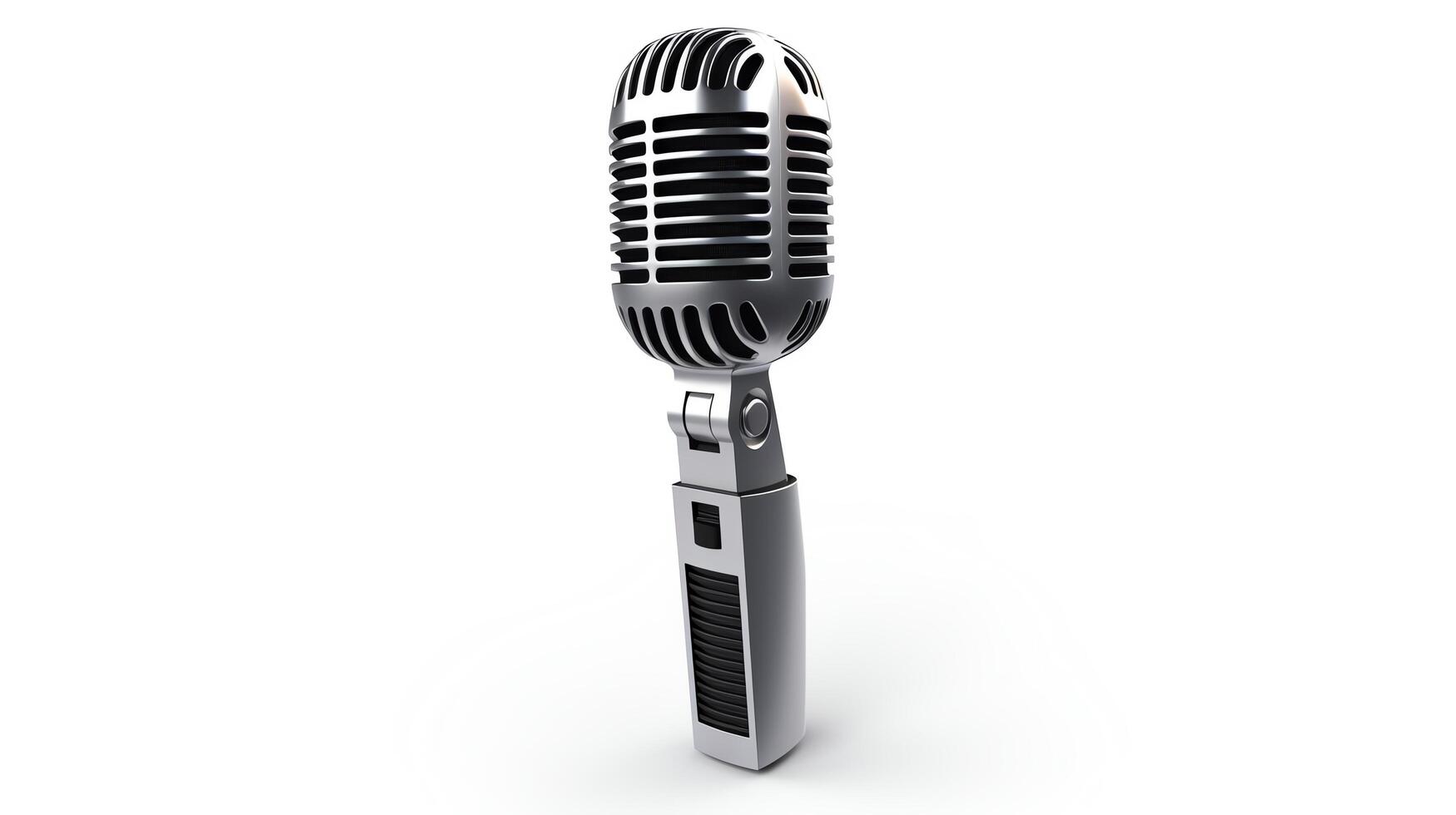 High-definition 3D render of a classic dynamic microphone, featuring a sleek metallic finish and professional design, isolated on a white background for audio equipment marketing. photo