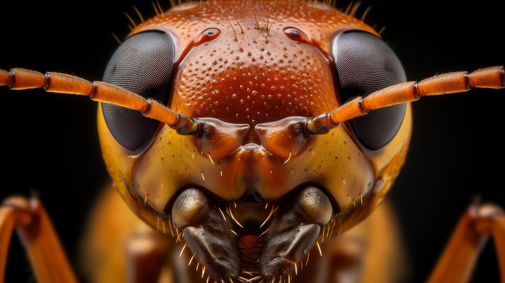 An extreme close up of a wasp's face, showing itsFu Yan , antennae, and mandibles. photo