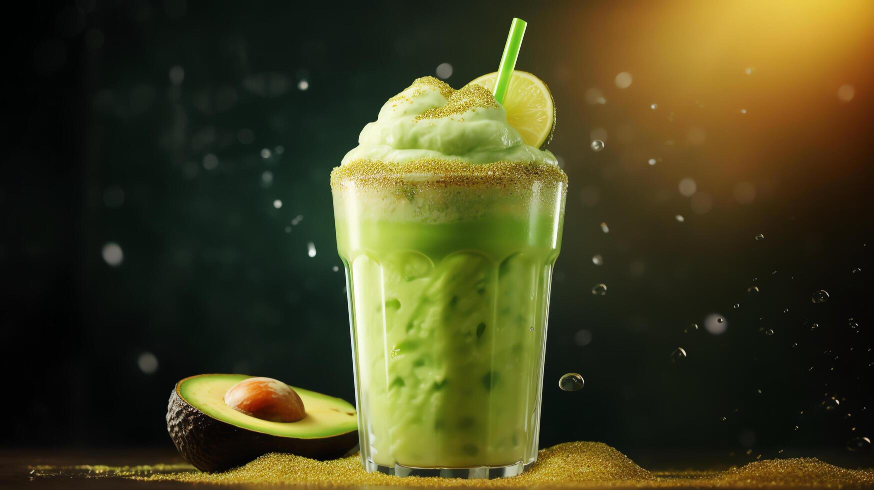 Generate an image of a single avocado smoothie in a tall glass with a lime wedge on the rim and a green straw photo