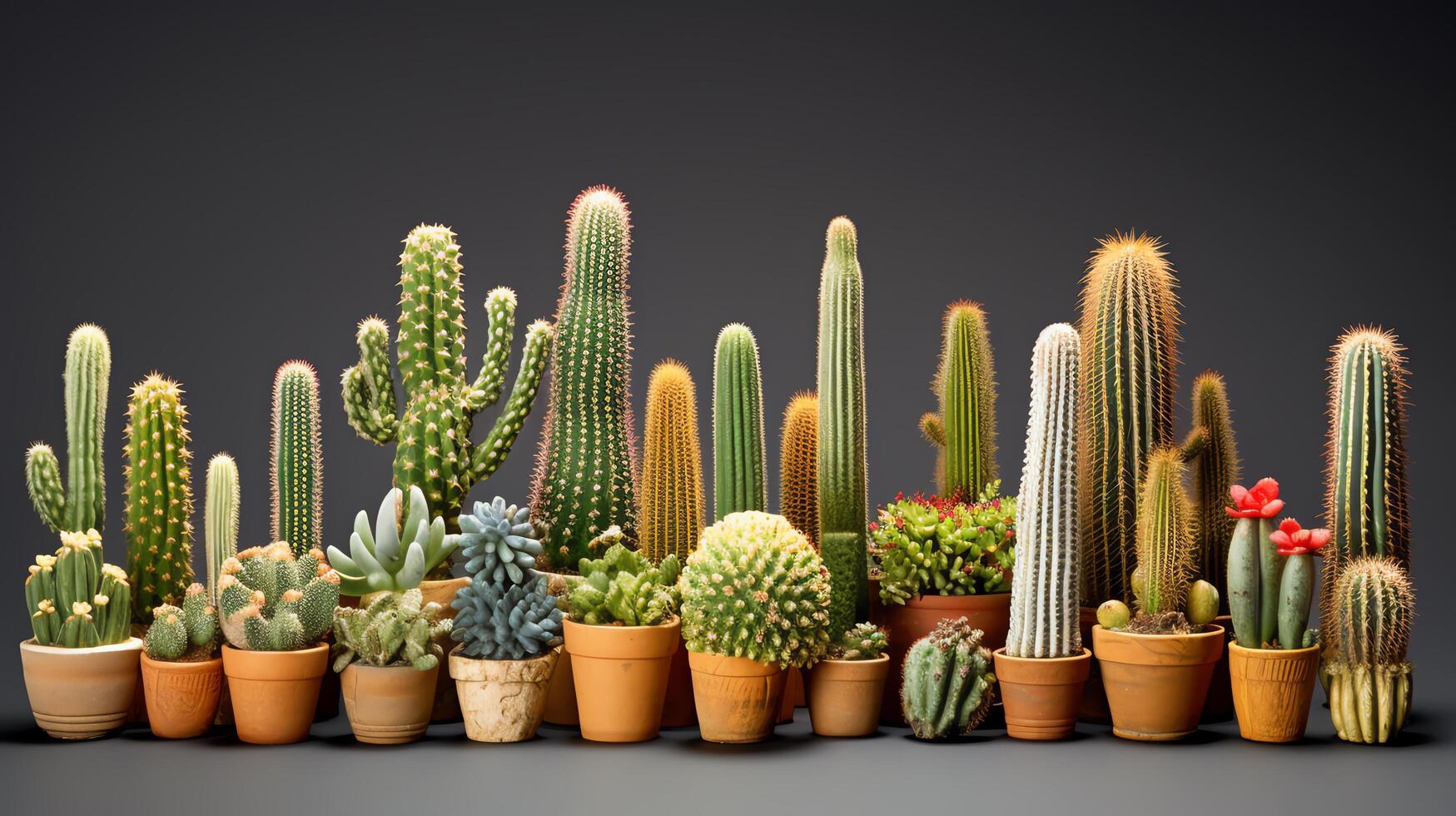Creative representation of a columnar cactus group, featuring several types standing together in varying heights, isolated on a white background to demonstrate diversity within des photo