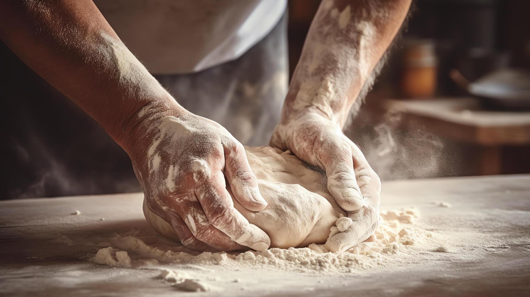 Close-up of hands kneading dough in a rustic bakery, flour dusting the air, capturing the essence of traditional food preparation. photo