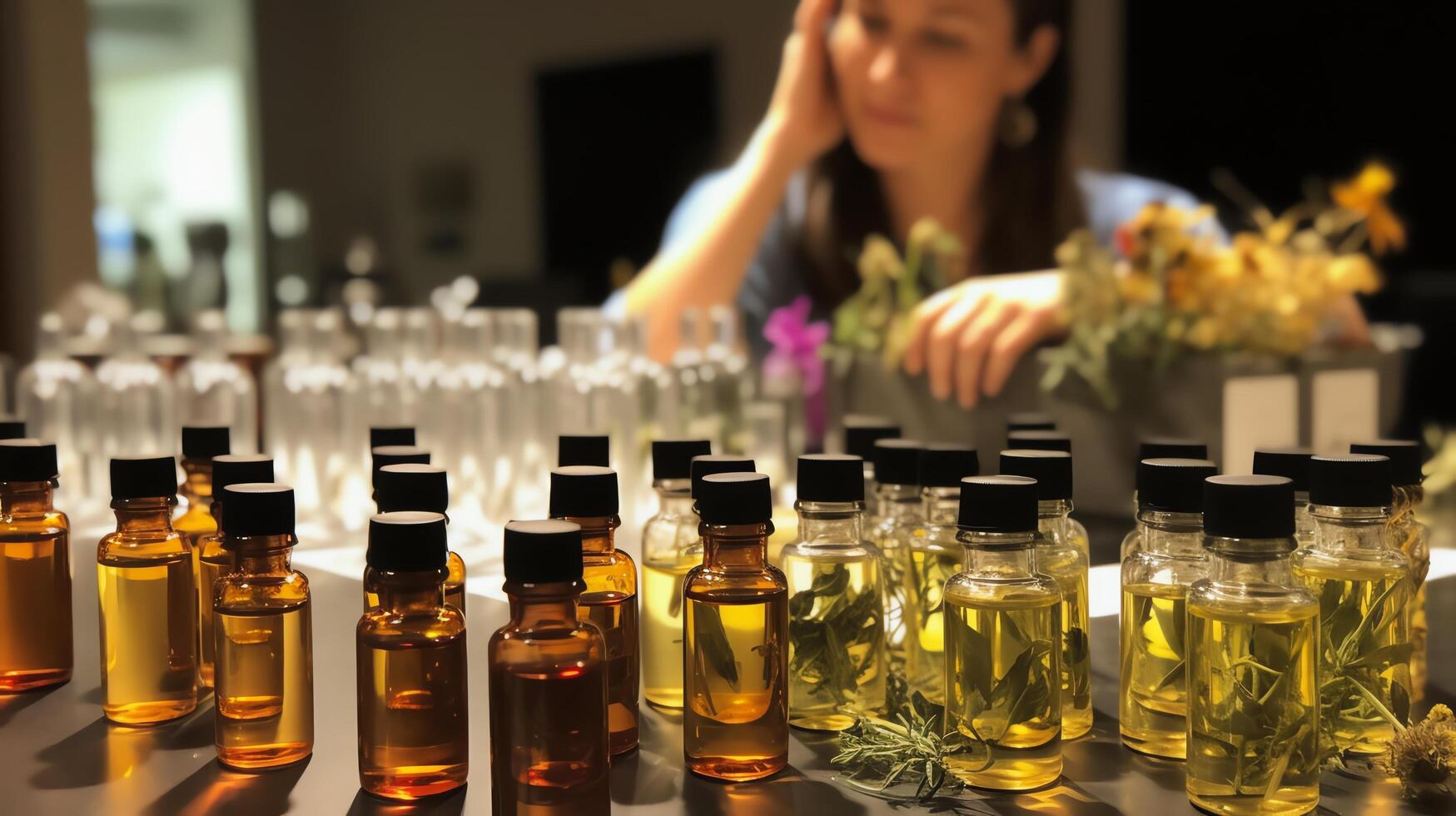 Individual attending a workshop on the benefits of essential oils, examining different bottles and learning blending techniques. photo