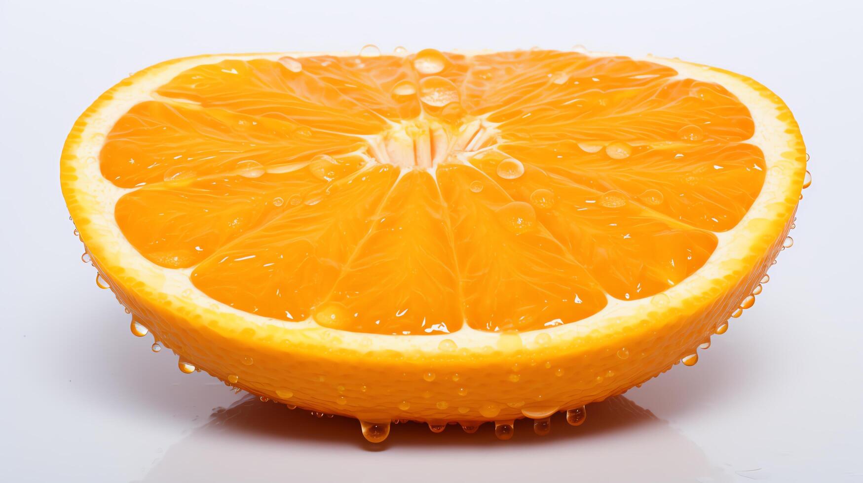 High-definition photo of an orange cut in half, displaying the juicy interior and detailed texture of the pulp, set against a pure white backdrop for a clean, appealing look.