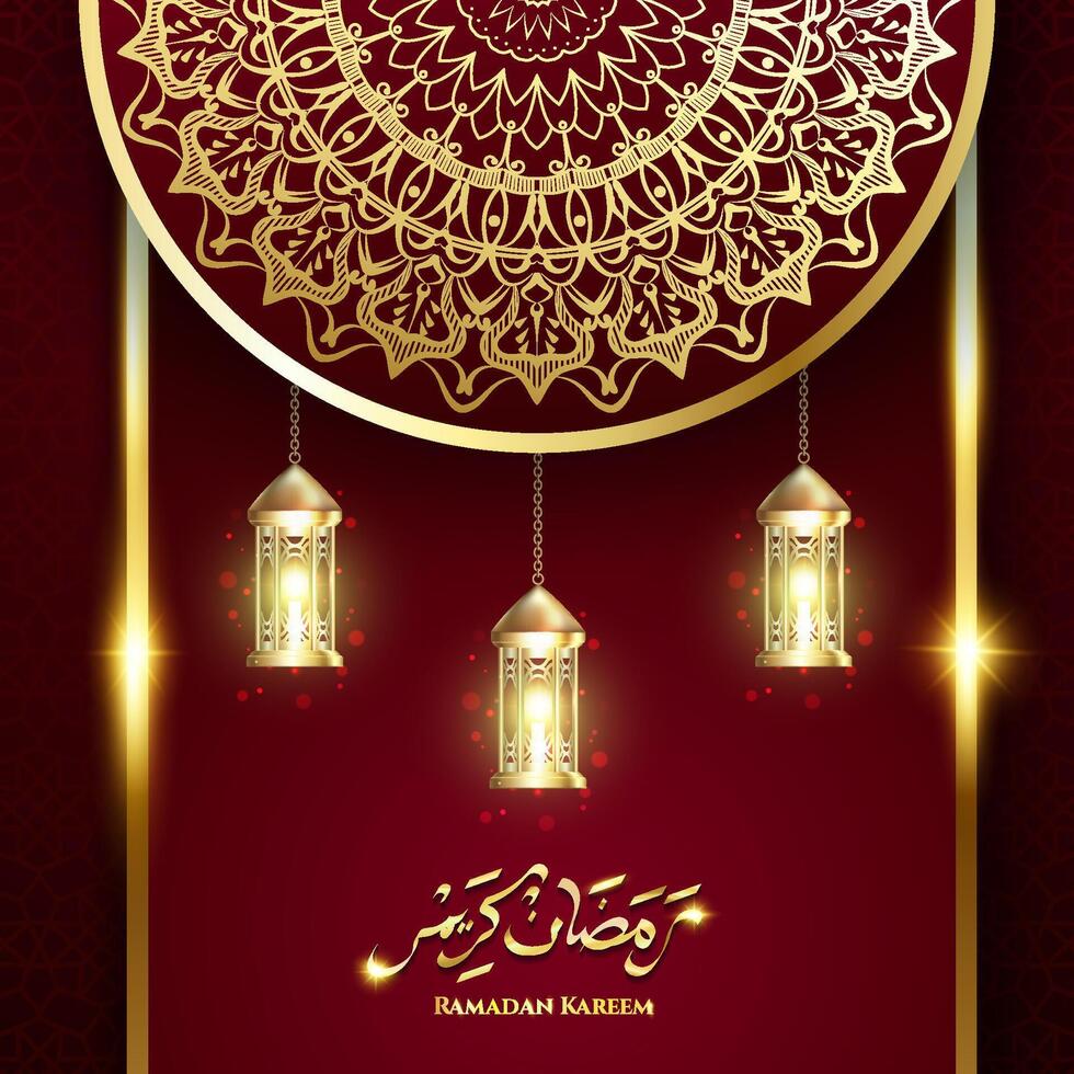 Realistic ramadan kareem with luxury red color illustration. Moon gold ramadan kareem vector
