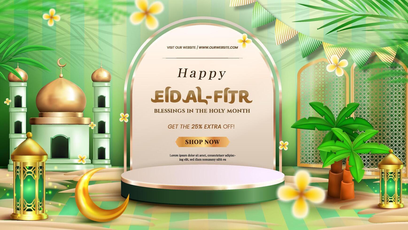 Happy Eid al fitr 3D realistic green luxury with Lantern and podium vector
