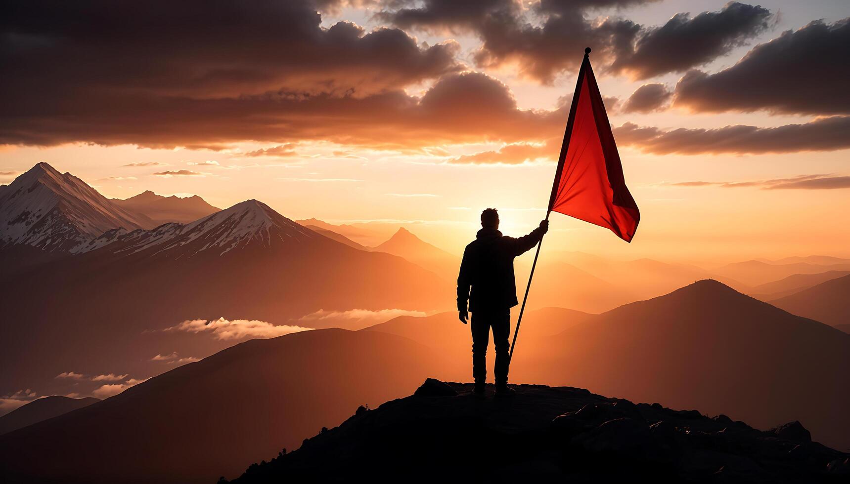 Goal concept a silhouette photo of a person holding a red flag on a mountain peak