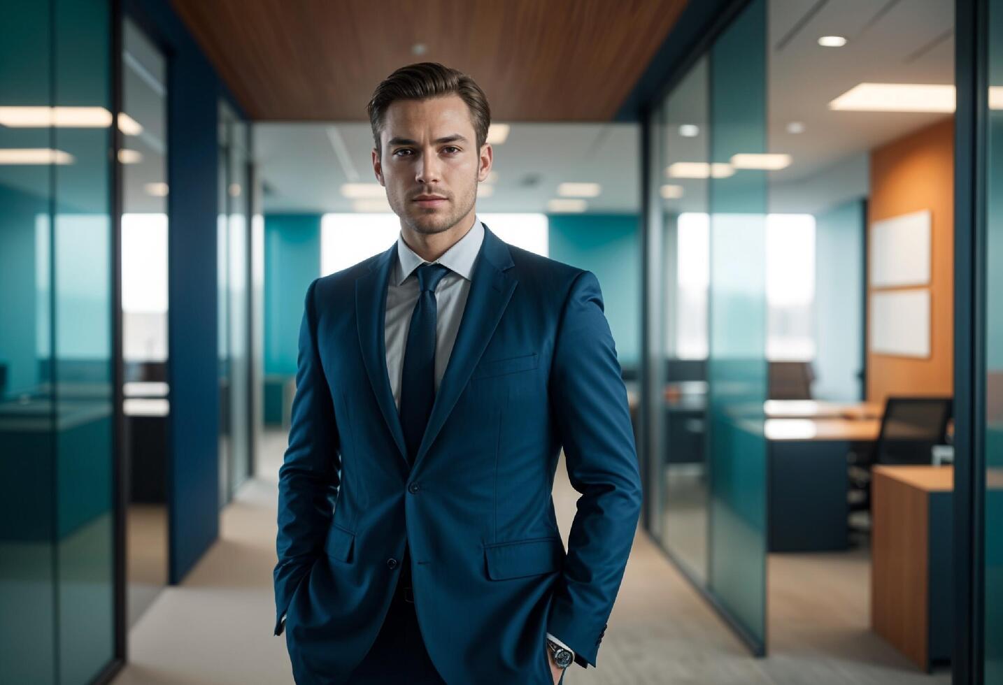 portrait of a middle-aged man in a blue suit stands confidently in a sleek, modern office hallway photo