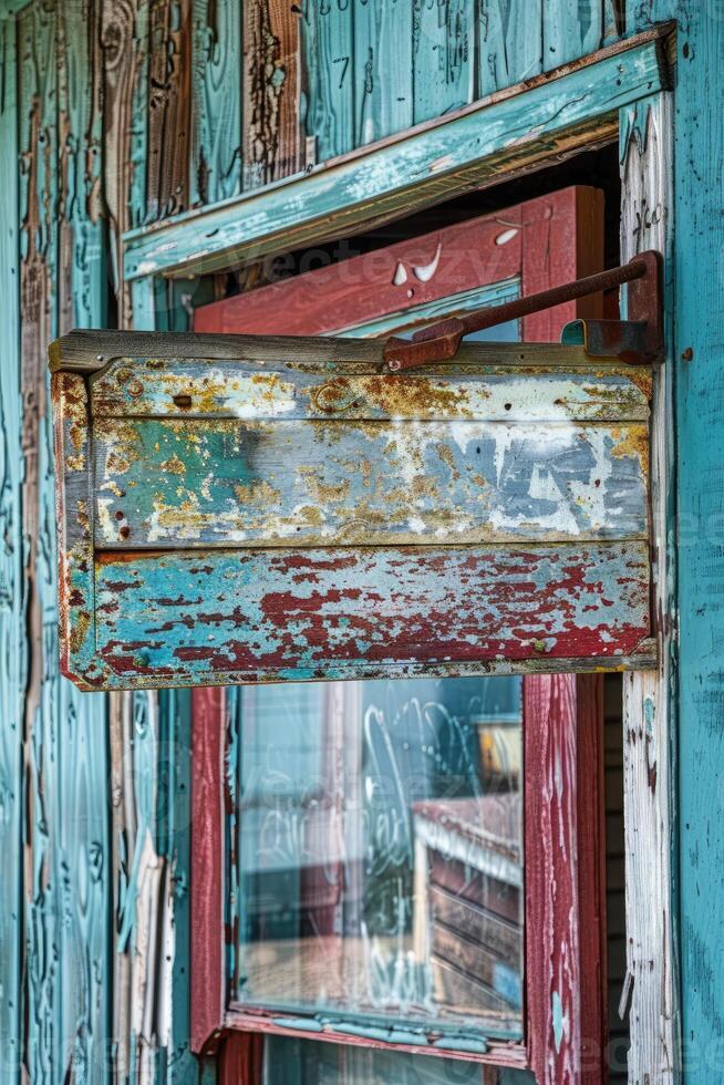 A weathered wooden shop sign hangs crookedly above a doorway, its chipped paint revealing layers of history beneath. photo