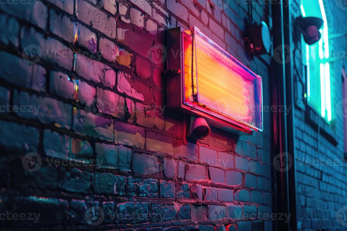 A close-up photo of a neon shop sign with vibrant colors, casting a soft glow on the surrounding brick wall at night.