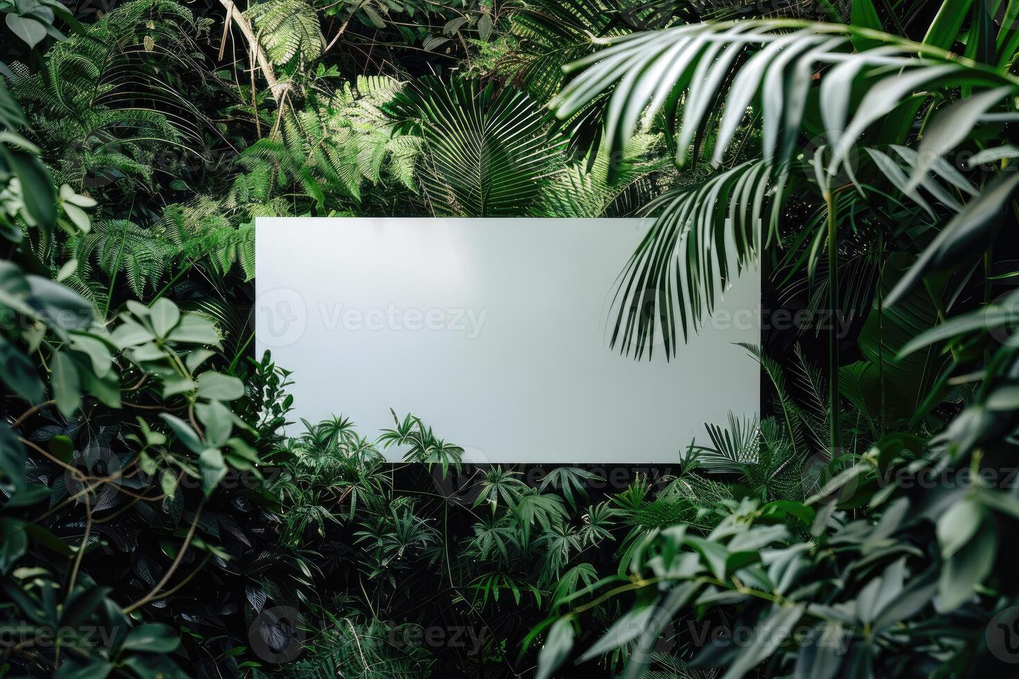 Minimalist photo of a clean white shop sign with a single bold letter logo displayed against a backdrop of lush green foliage.