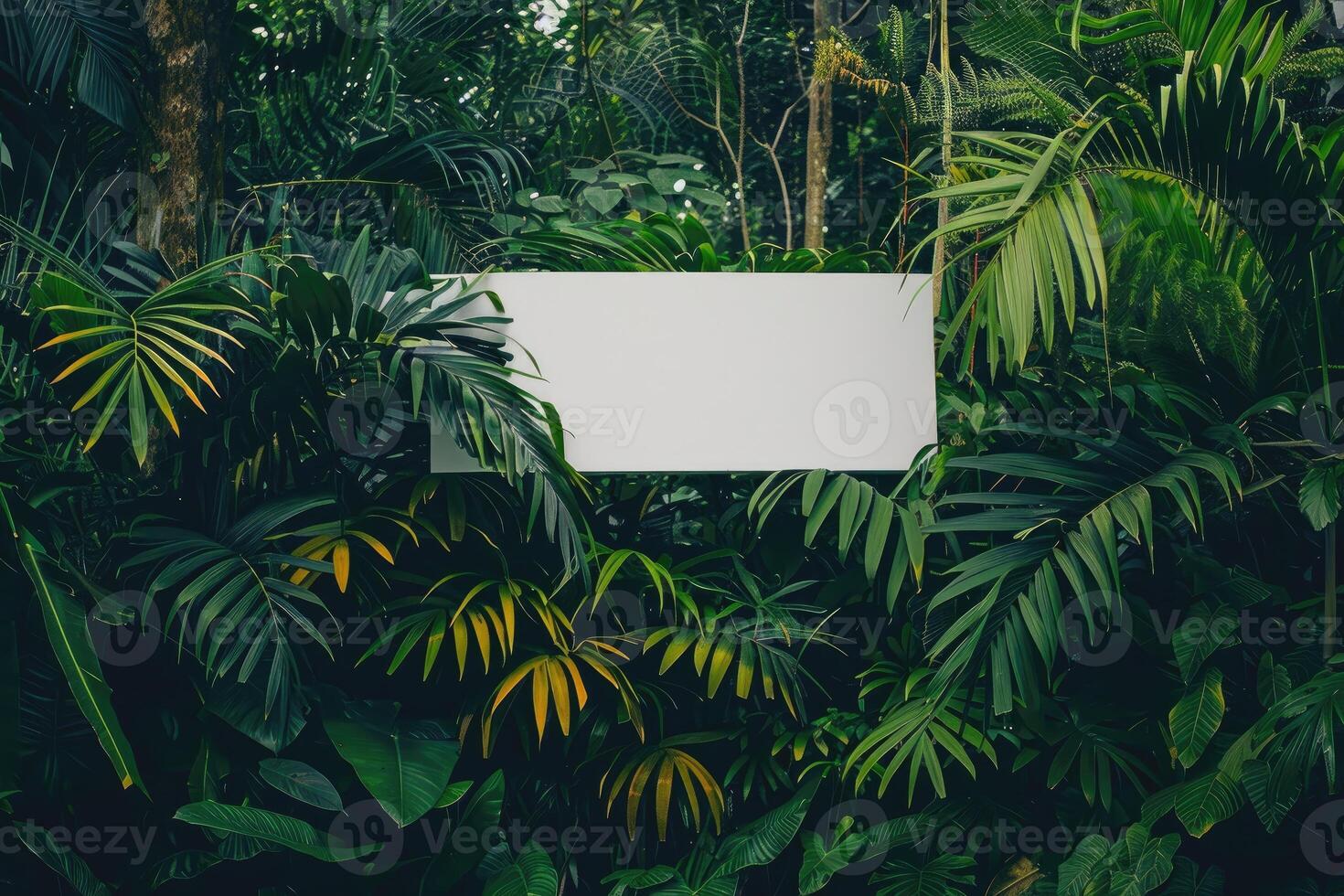Minimalist photo of a clean white shop sign with a single bold letter logo displayed against a backdrop of lush green foliage.