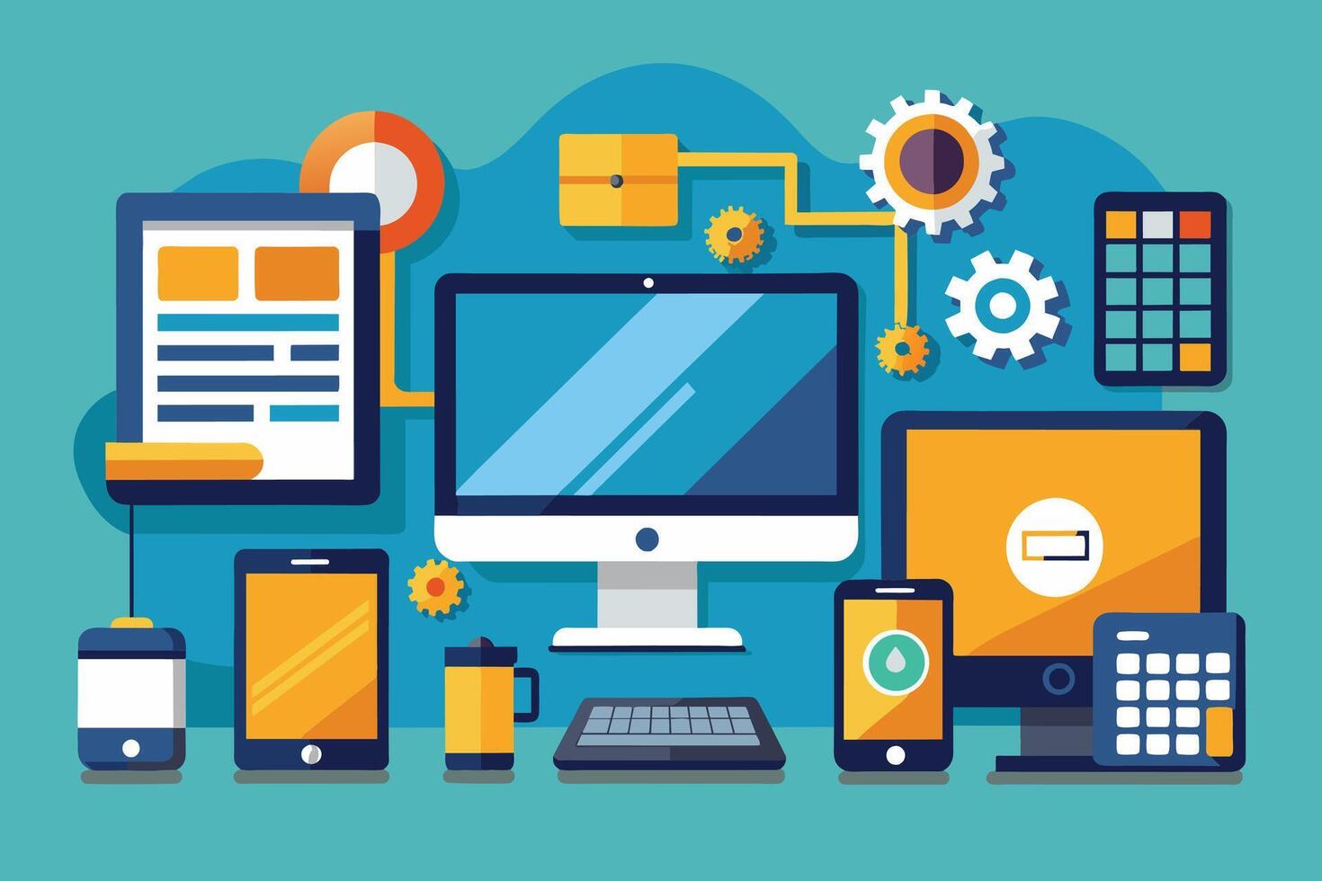A flat design illustration of multiple devices, including a desktop computer, laptop, smartphone, and tablet, all connected by gears and lines, representing the interconnectedness of technology. vector