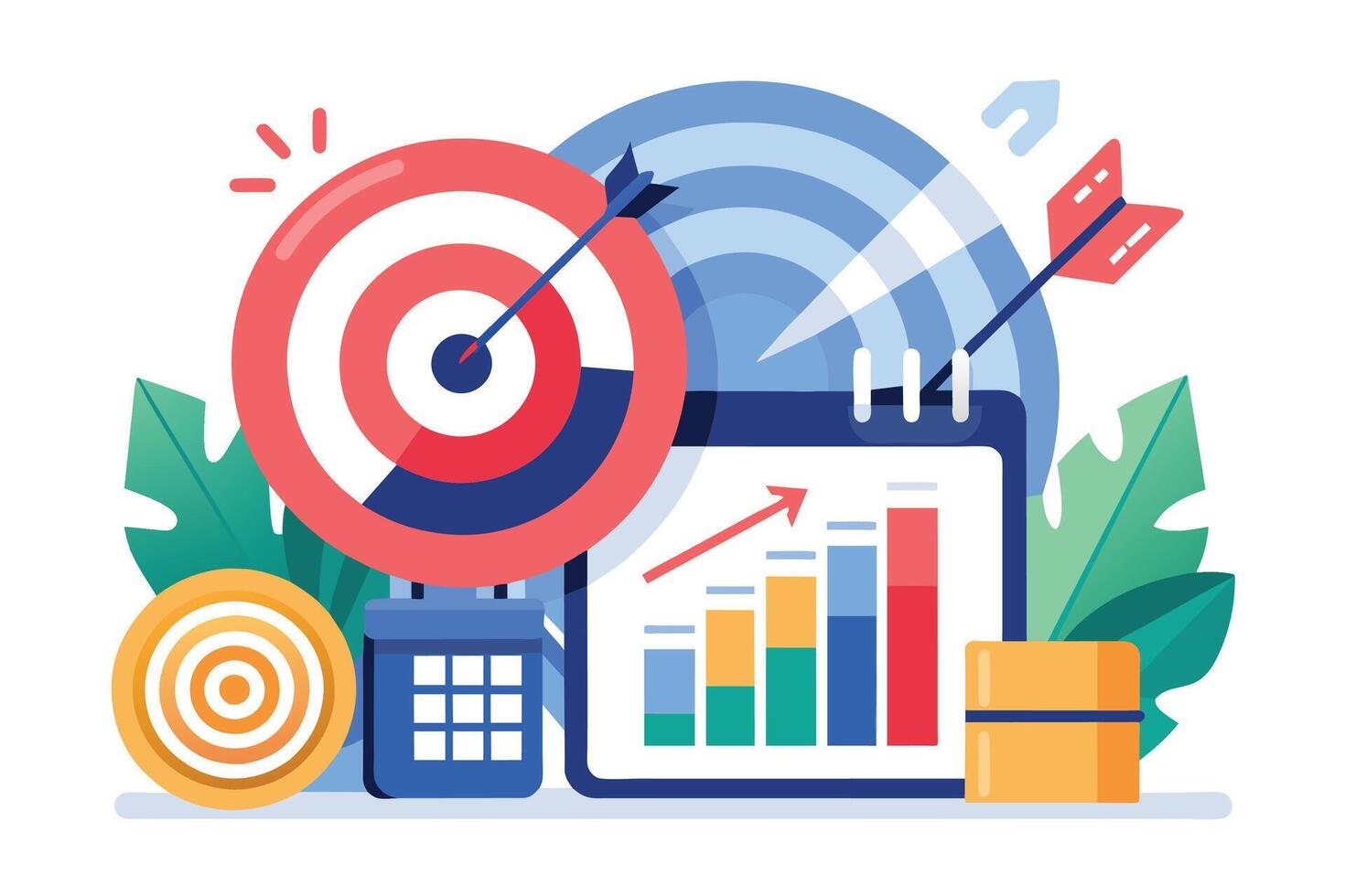 A calendar with an arrow targeting a bullseye chart and a bar graph showing growth. This illustration represents the concept of planning and achieving business goals. vector