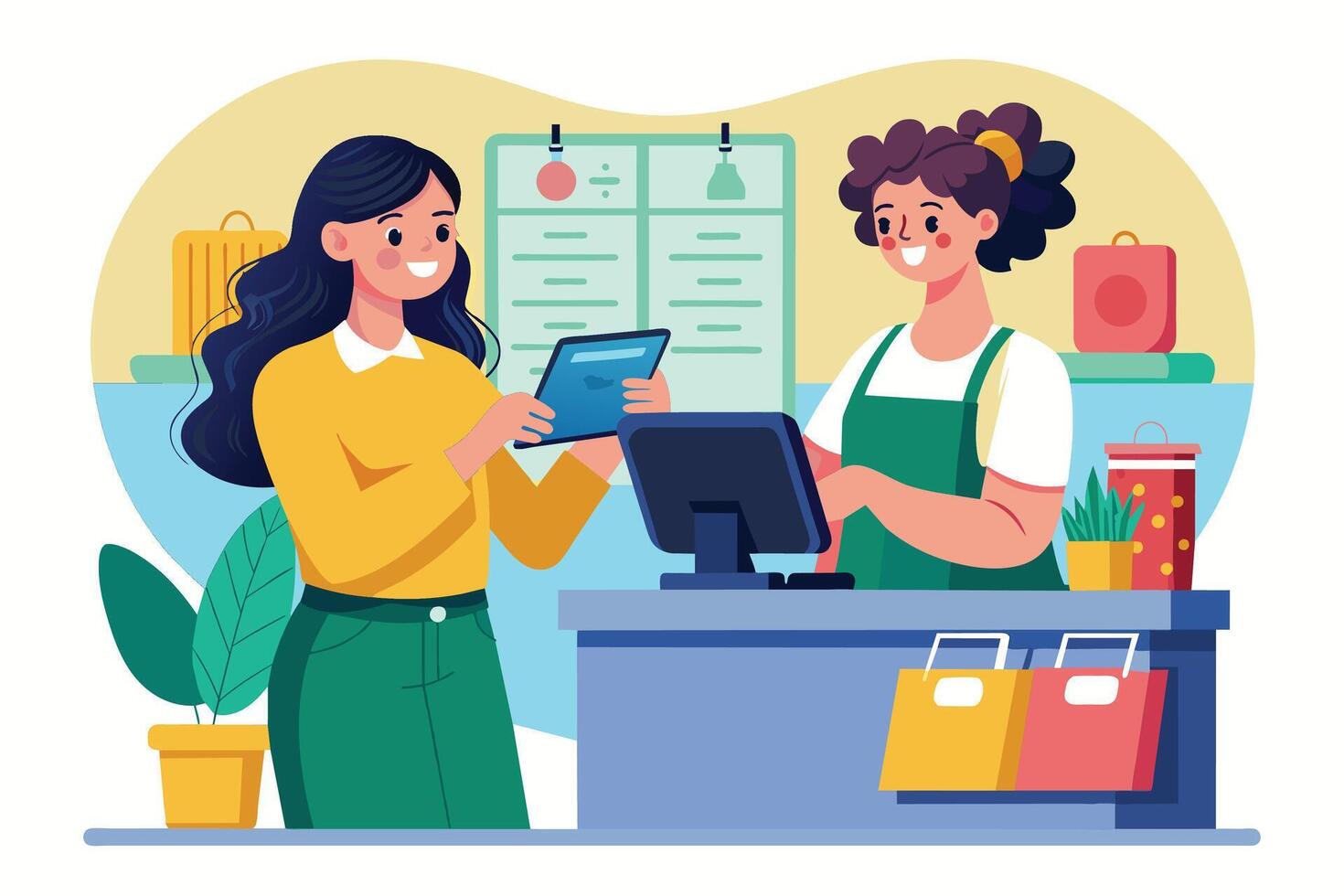 A customer is using a digital tablet to pay for their purchases at a checkout counter. A cashier is helping them with the transaction. vector