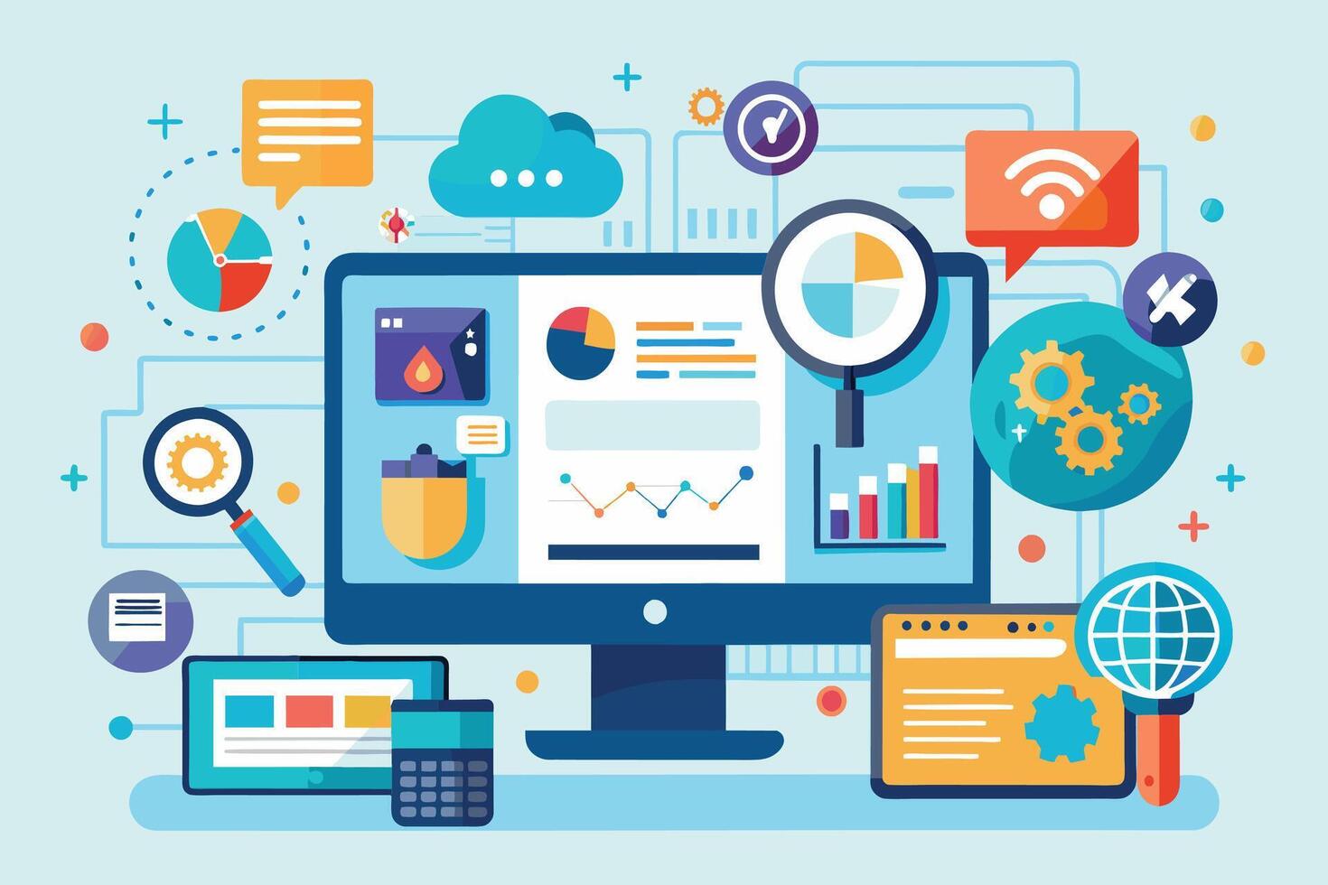A colorful illustration of digital marketing analytics data displayed on a desktop computer screen, including charts, graphs, and other icons. vector