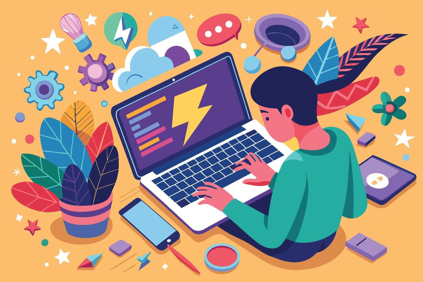 A woman sits on the floor, focused on her laptop, surrounded by colorful, abstract objects, representing creativity and innovation. vector