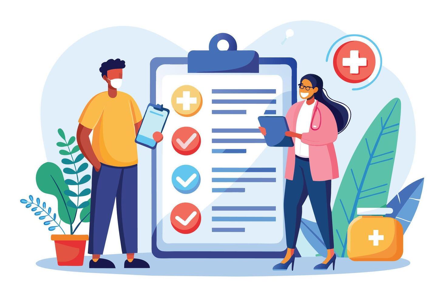 A doctor discusses a medical checklist with a patient who is wearing a face mask. vector