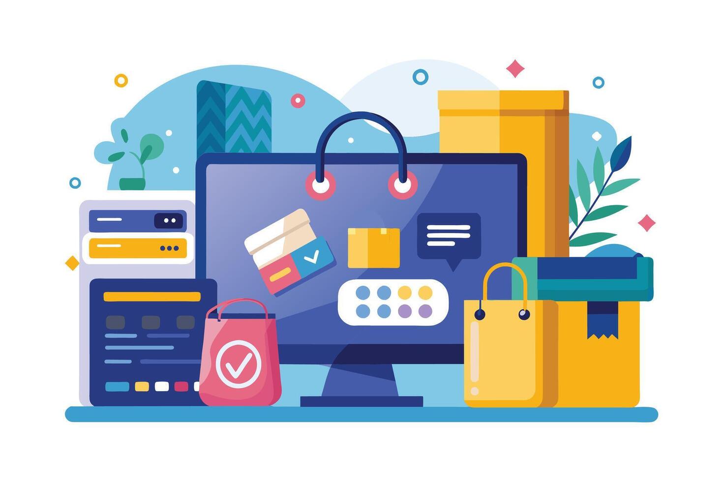 Illustration depicting online shopping with a computer, packages, and shopping bags, emphasizing the convenience and speed of online transactions. vector