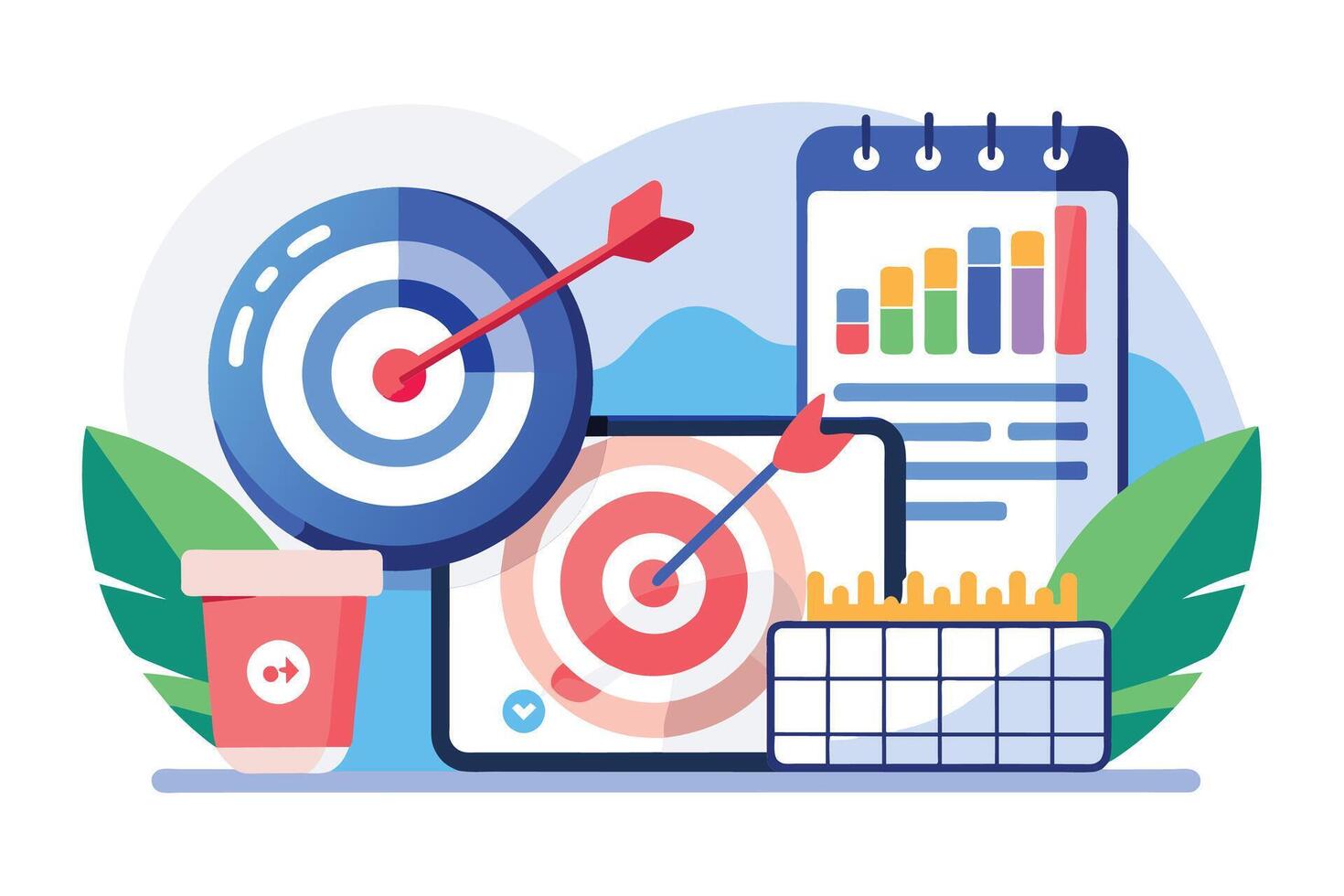 A colorful illustration depicting business goals and strategies. It features targets with arrows, charts, and a calendar, symbolizing planning, execution, and tracking progress. vector