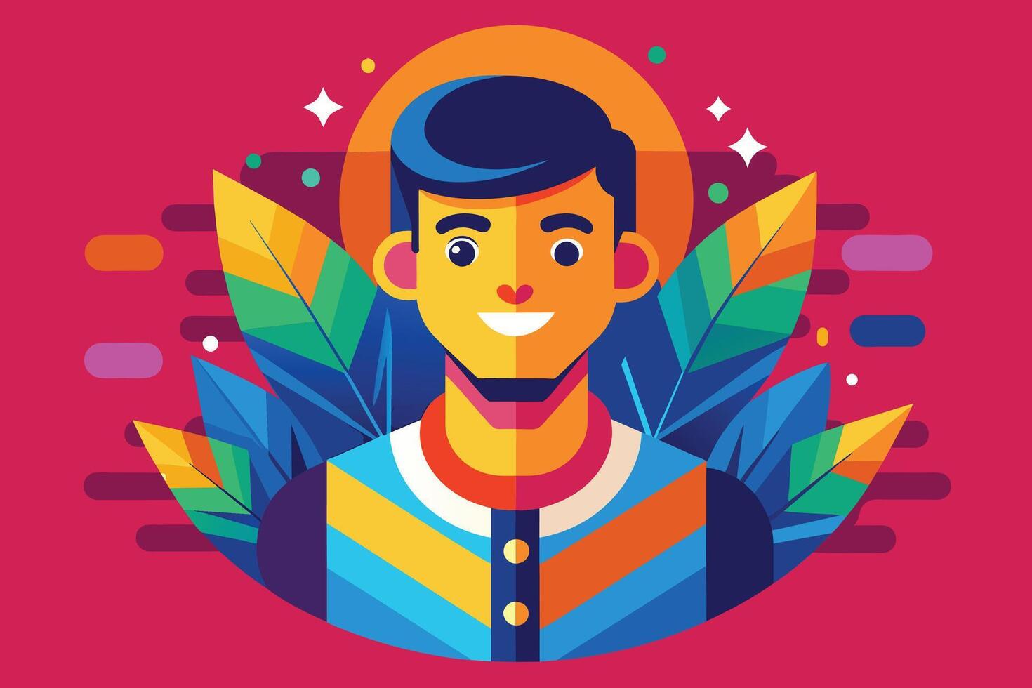 An illustration of a smiling man with blue hair and a colorful shirt, standing in front of vibrant green leaves against a pink background. vector