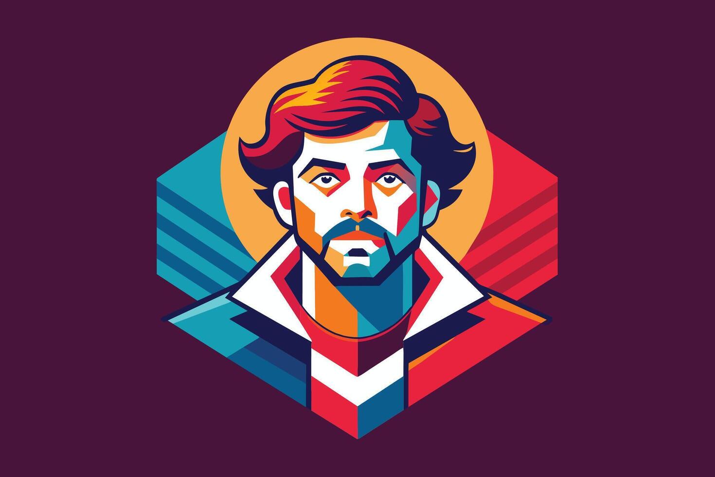 A vibrant, geometric portrait of a man with red hair and a mustache, against a purple background. The illustration features a modern, abstract style with bold colors. vector