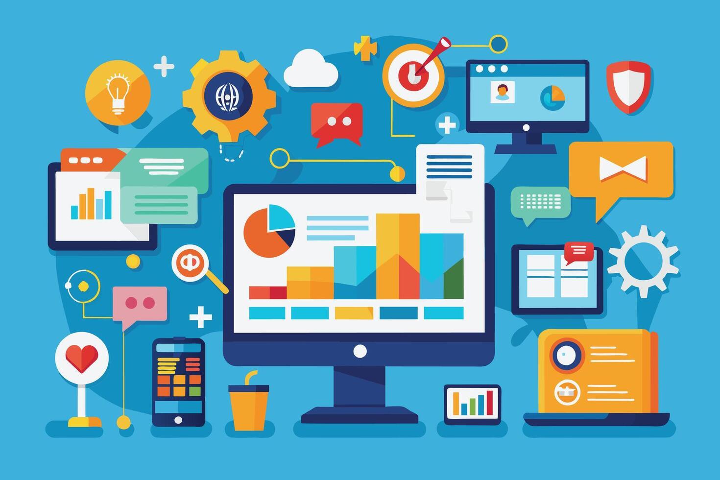 A flat design illustration of a digital marketing workspace featuring a desktop computer with a chart, a smartphone, a laptop, and other icons representing various marketing activities. vector