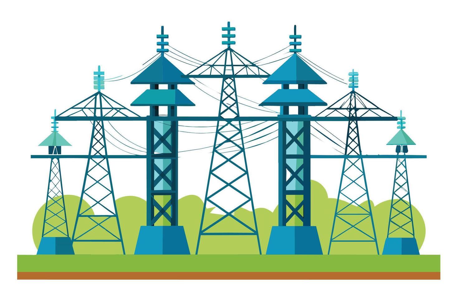 Illustration of five power transmission towers with electricity lines in a rural setting. vector