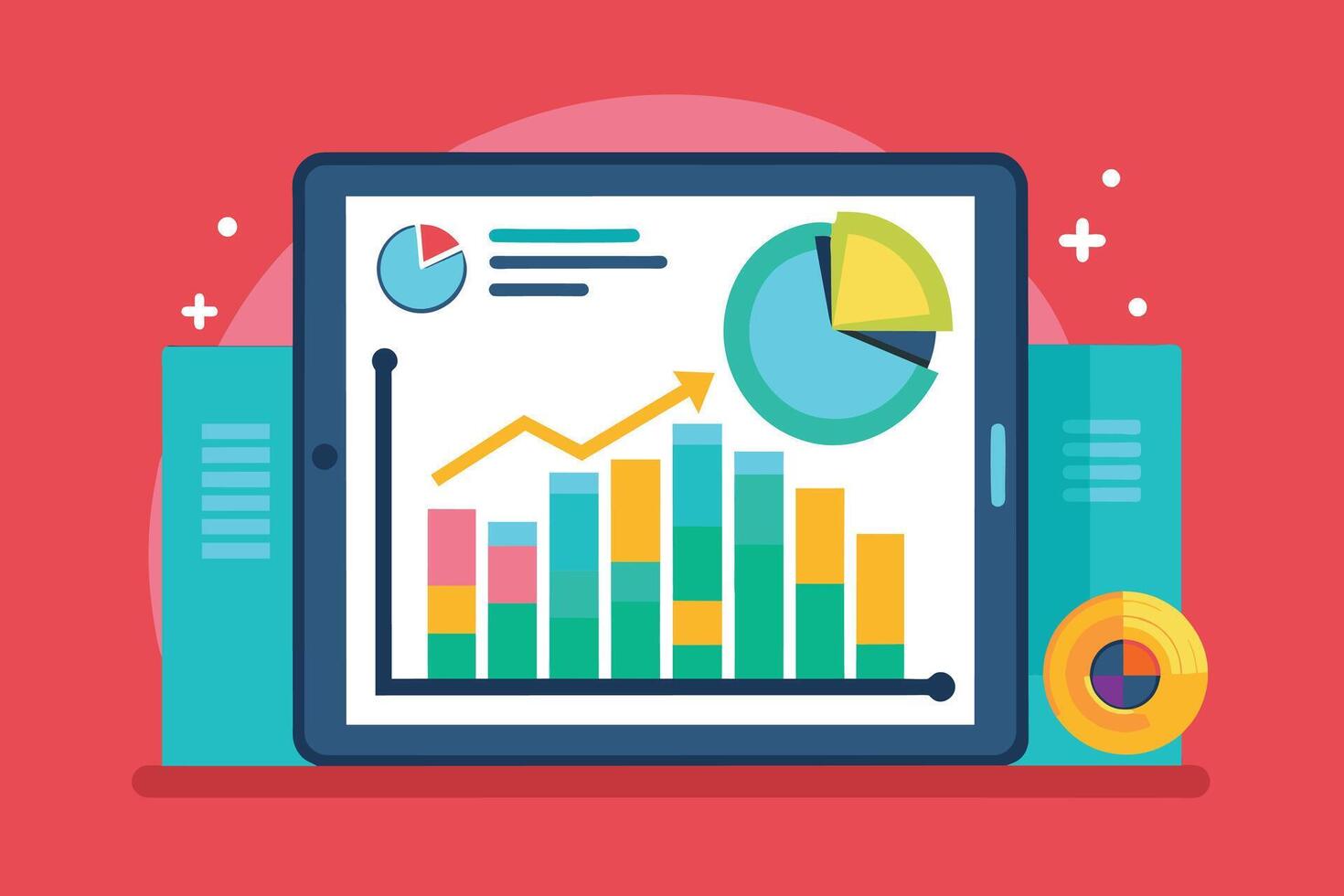 This image shows a tablet displaying business data, including bar graphs, line graphs, and pie charts. The data shows growth and success, highlighting a positive trend. vector