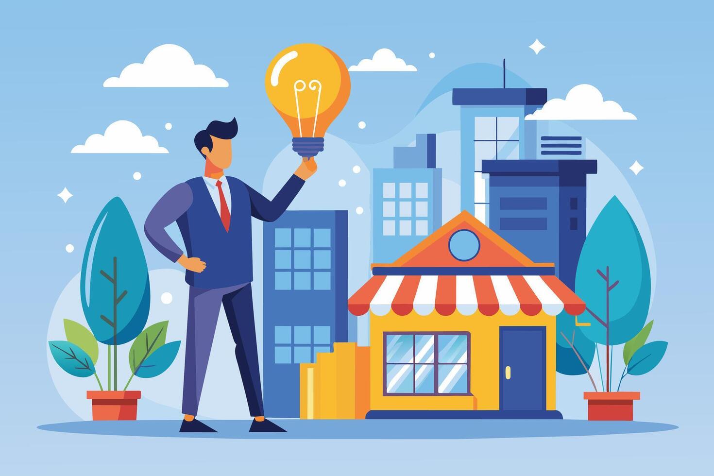 A businessman stands in front of a city, holding a light bulb above his head, symbolizing a new idea for his business. vector
