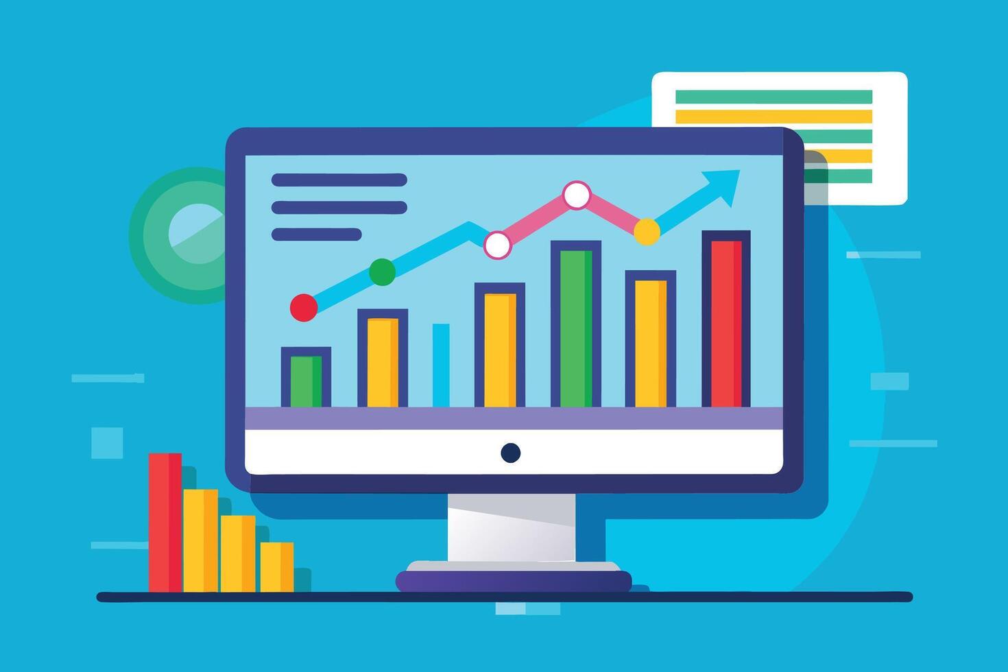 A computer screen displays a business growth chart, with bar graphs and an upward-trending arrow indicating positive progress. vector
