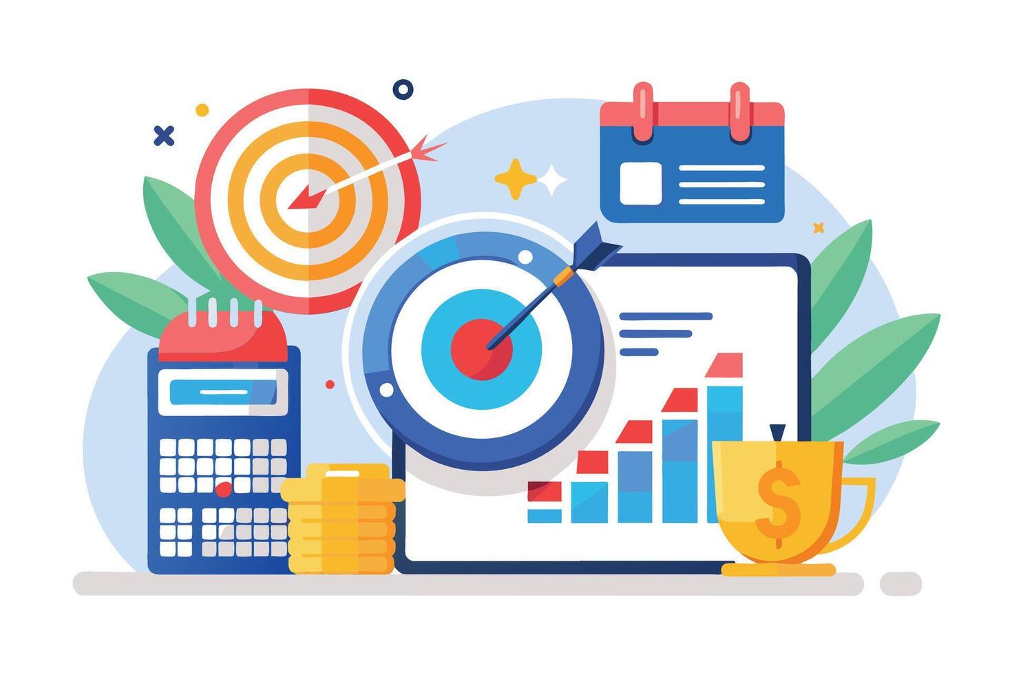 Illustration of a successful business strategy with targets, goals, and financial growth. vector