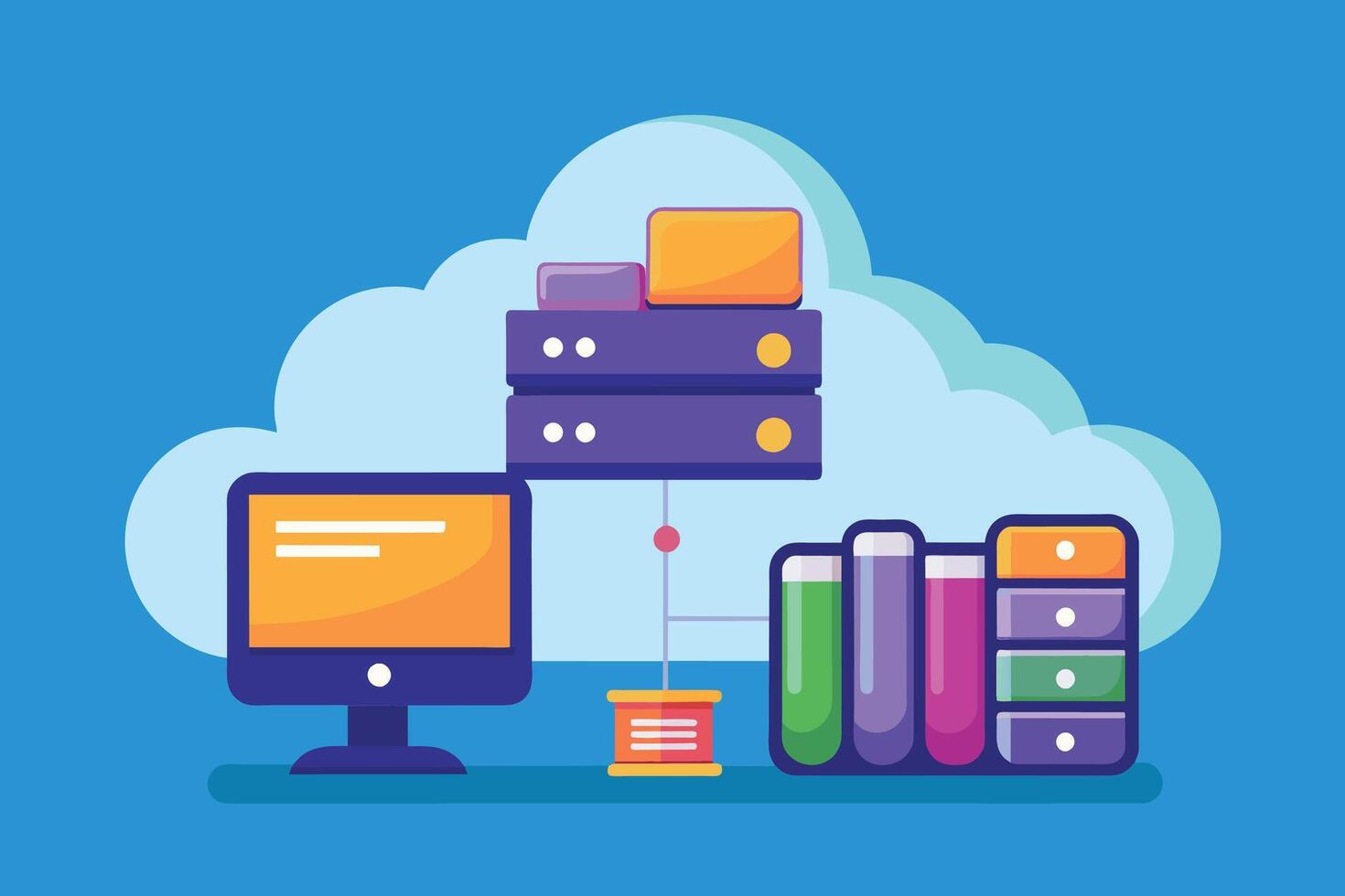A illustration depicting a cloud-based server connection with a computer. vector