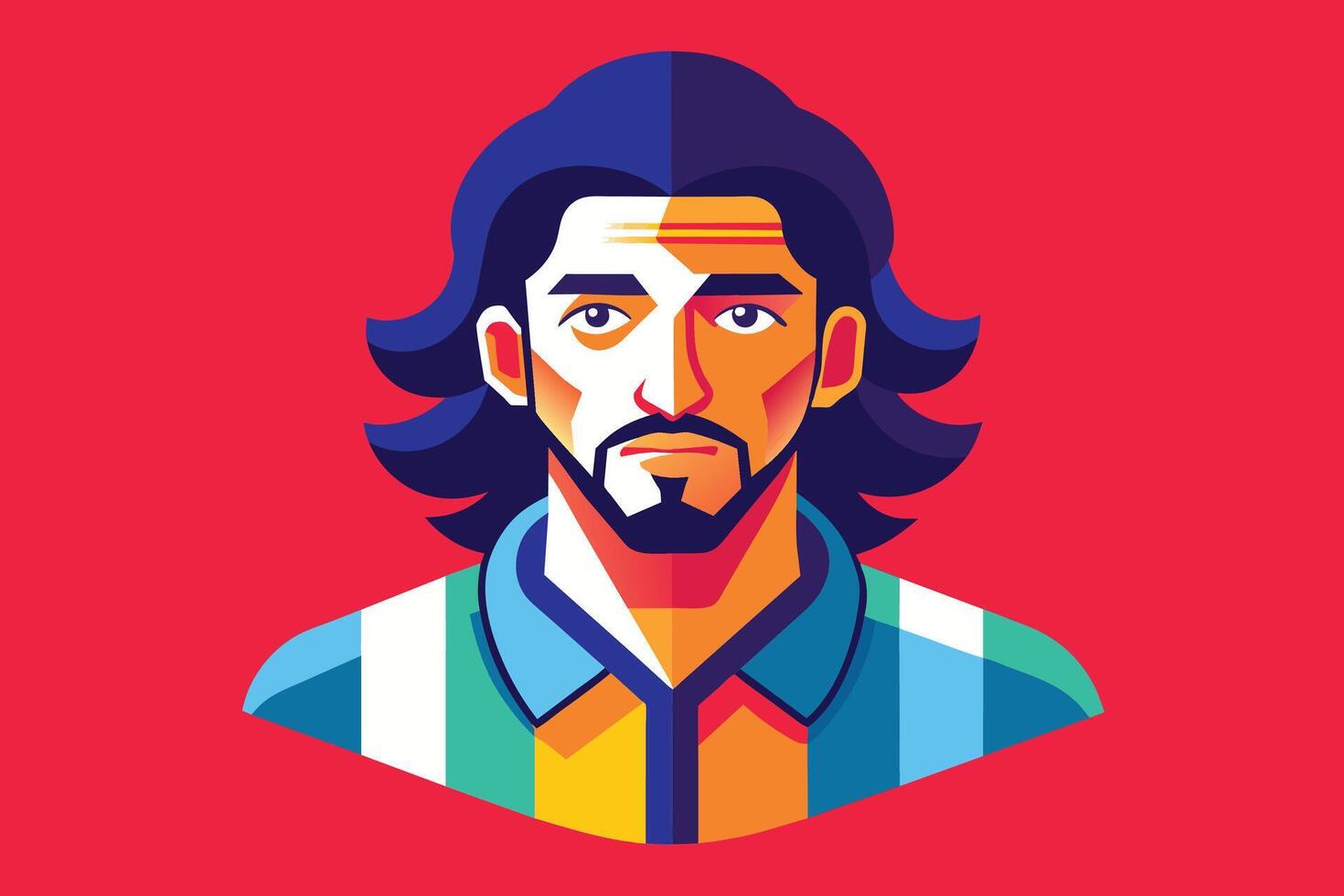 This is a digital illustration of a man with long, dark hair and a goatee. He is wearing a striped shirt. vector