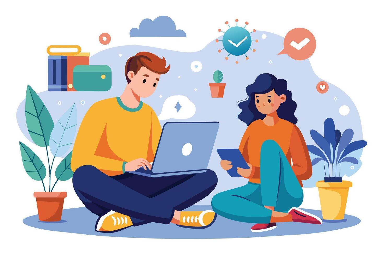 An illustration of a young couple sitting on the floor, working from home. The man is using a laptop and the woman is using a tablet. vector