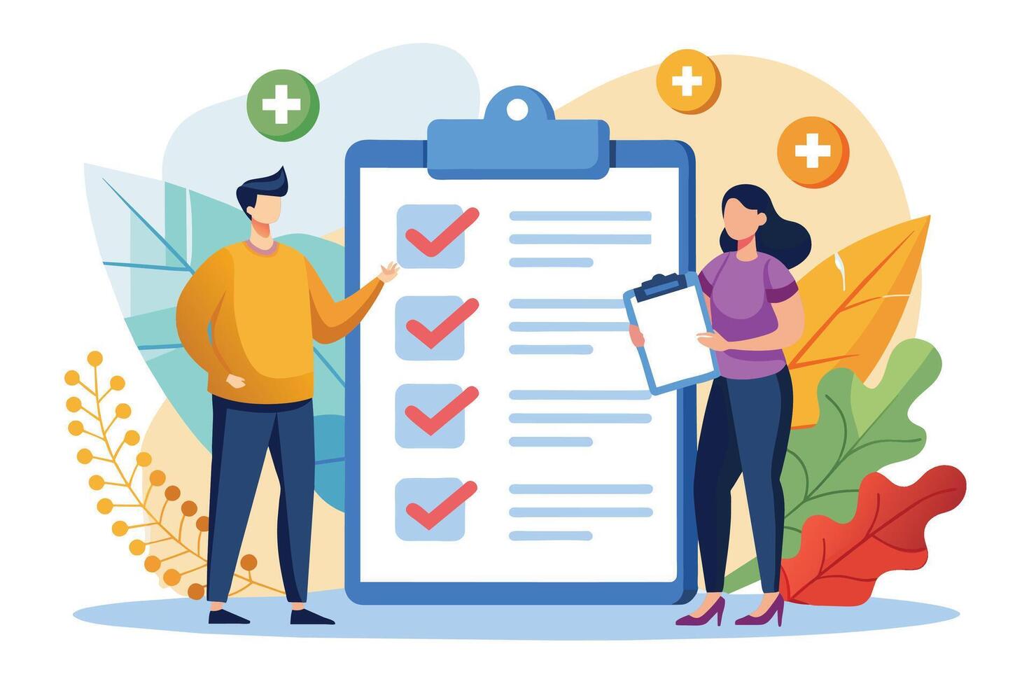A man and a woman stand next to a checklist, with each of the items on the checklist having a check mark next to them. vector