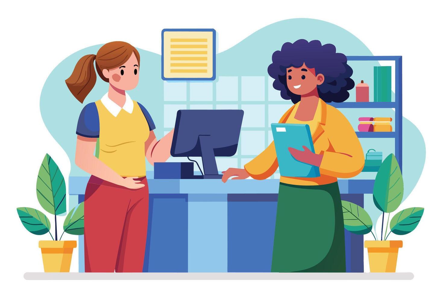 Two female employees, one with a clipboard and the other behind a counter, are engaged in a conversation during the day. vector