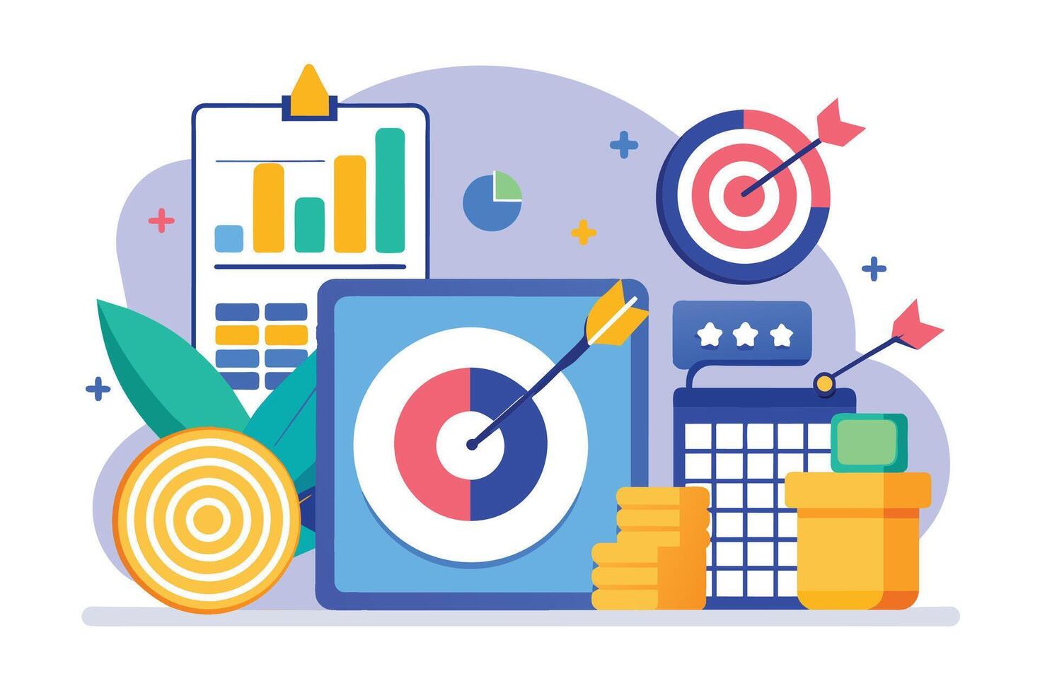 An illustration depicting a target with arrows hitting the bullseye and a chart on a clipboard. vector