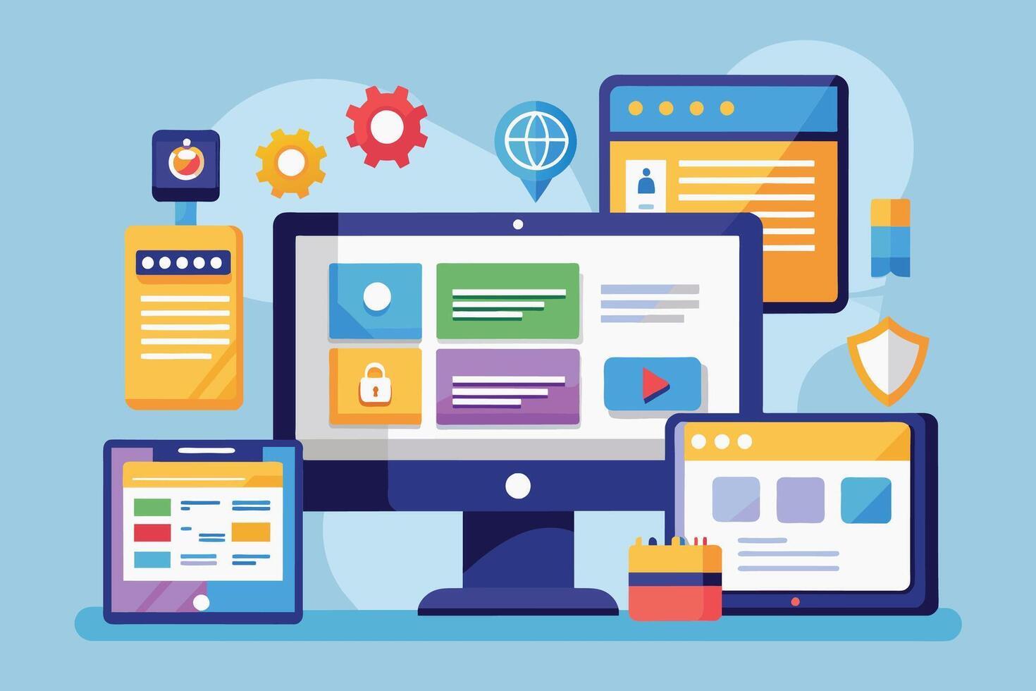 An illustration of a desktop computer, tablet, and smartphone displaying a website design with various elements like a lock, play button, and gear icons. vector