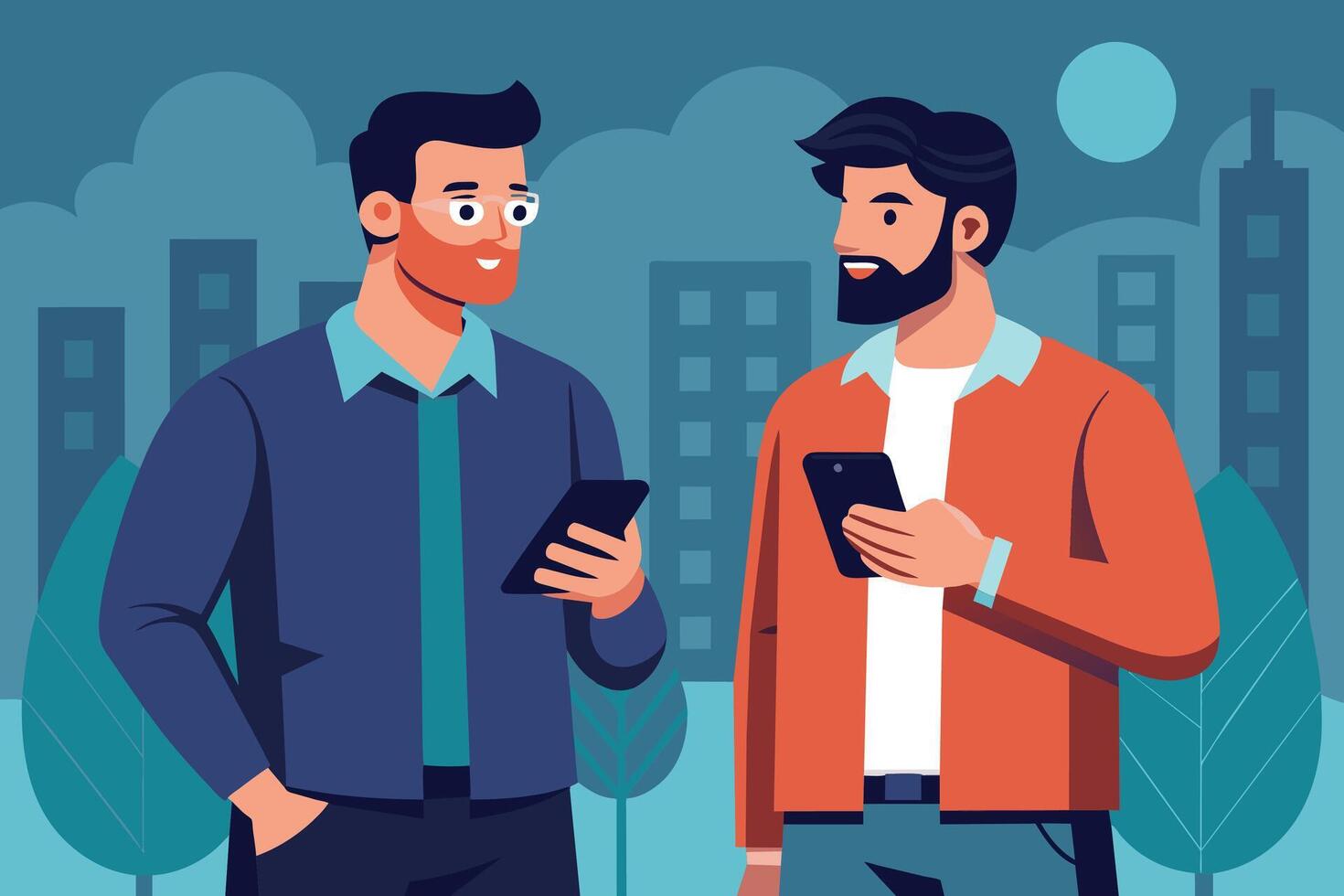 Illustration of two men using smartphones while walking in an urban setting at night. vector