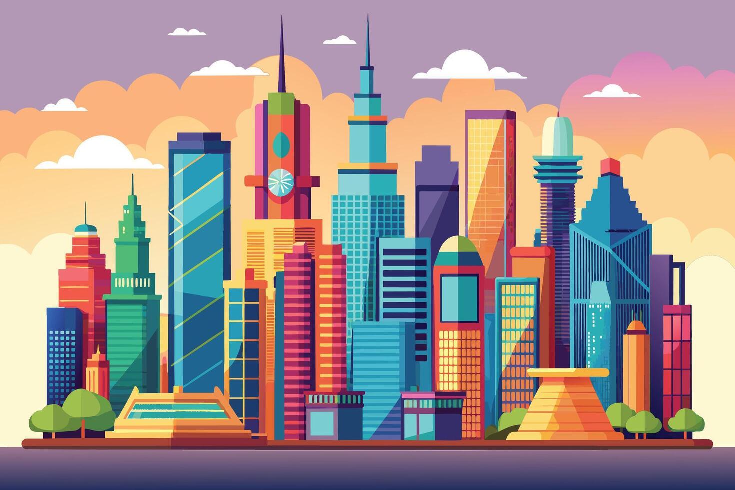 A colorful illustration of a modern city skyline with skyscrapers and clouds at sunset. vector
