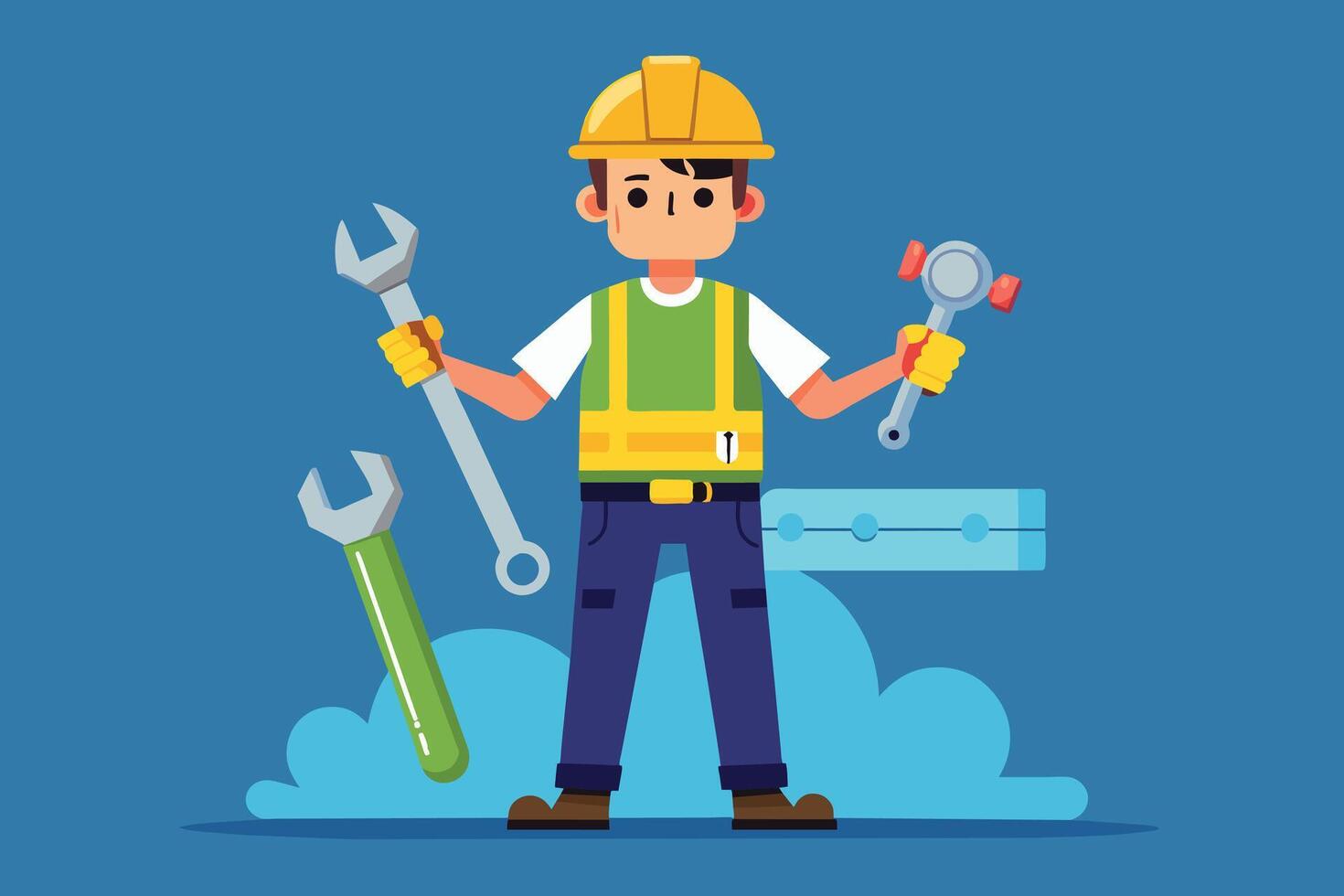 A cartoon illustration of a construction worker holding two wrenches and a hammer in front of a blue background. vector