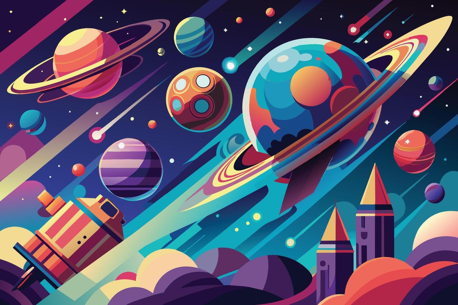 A vibrant illustration depicting a colorful galaxy with multiple planets, stars, and a spaceship soaring through the cosmos. vector