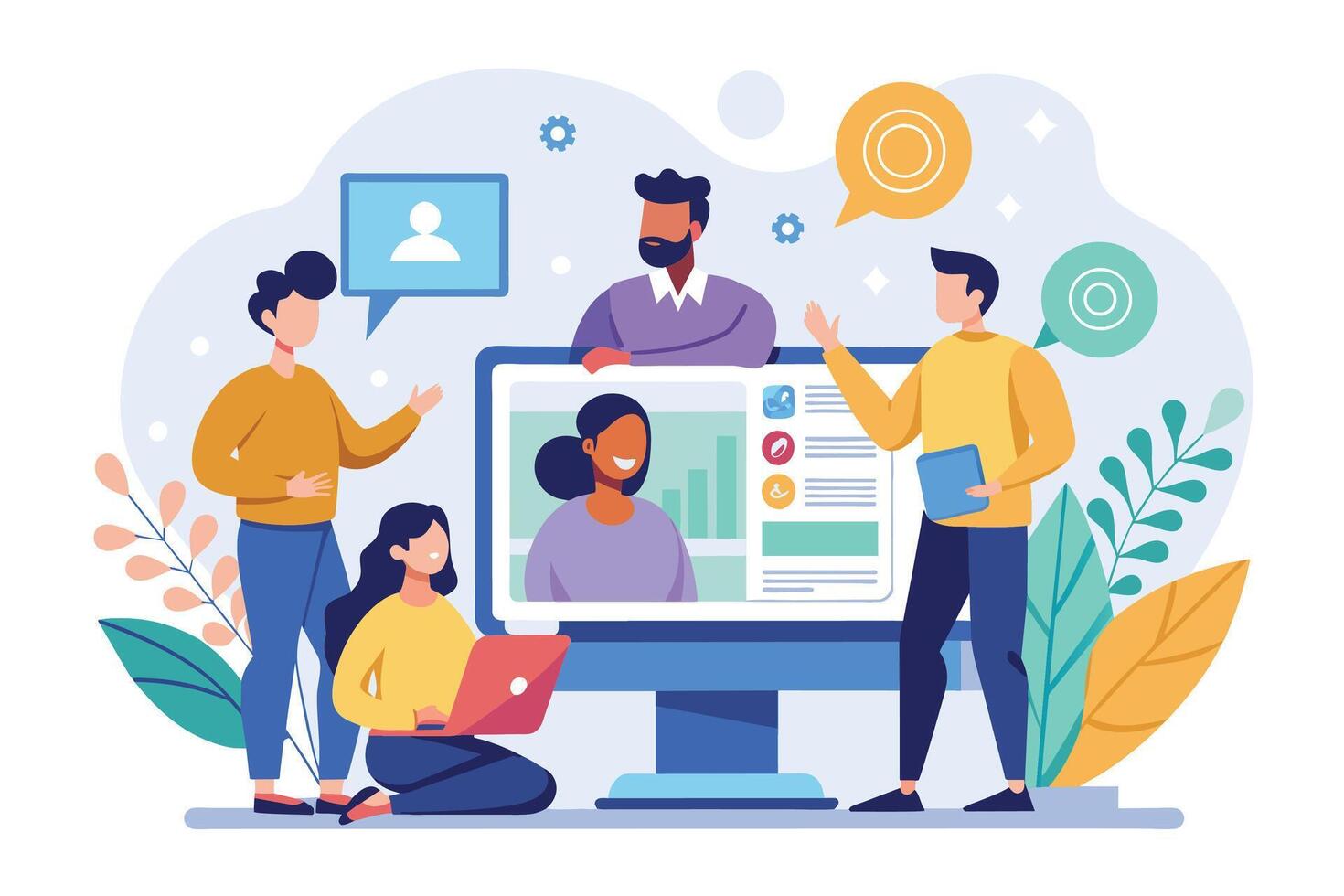 A diverse group of people are gathered around a computer screen, participating in a virtual meeting. The team is discussing a project and sharing ideas. vector