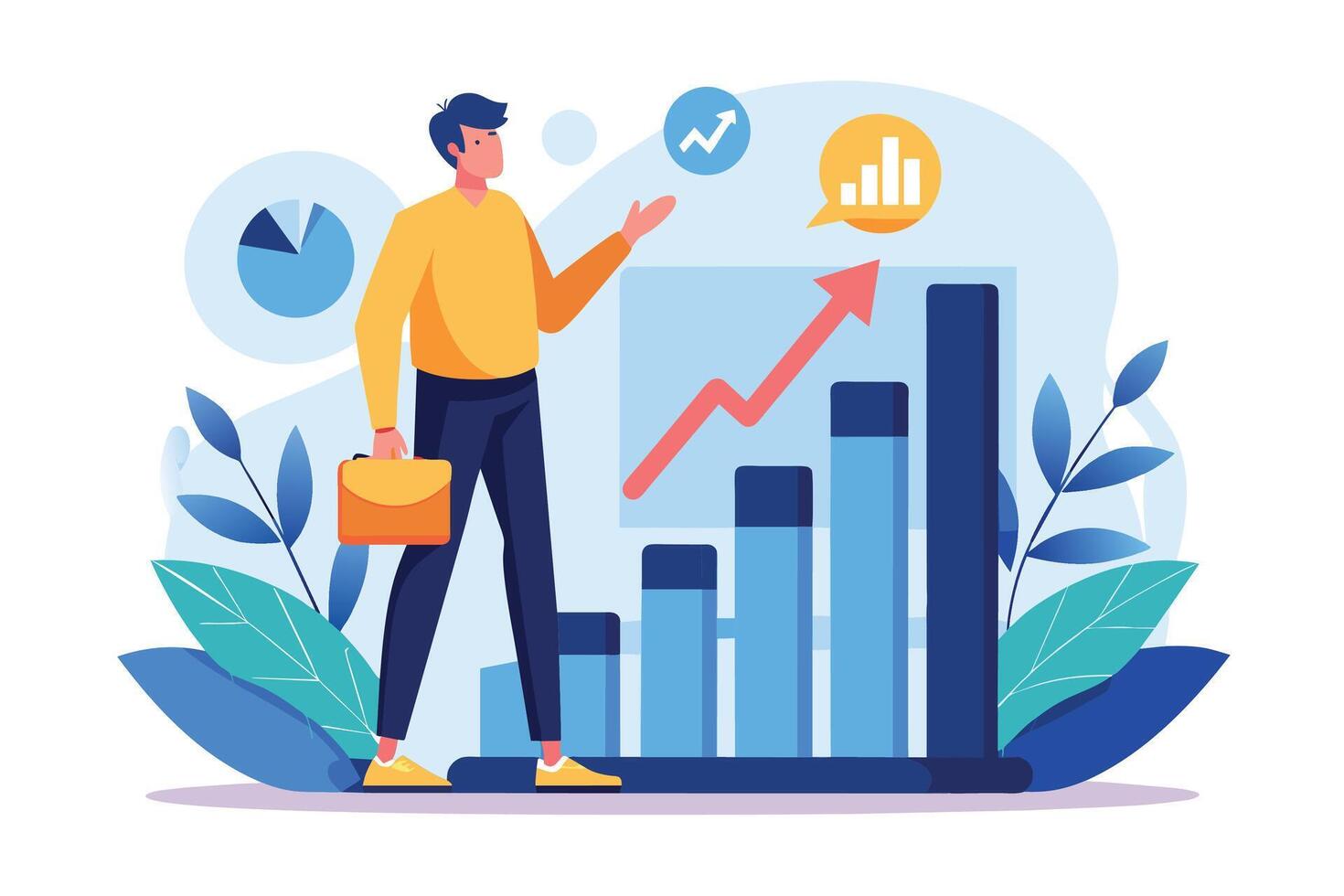 A businessman stands before a bar graph, presenting data with an upward trend arrow. The graph shows increasing numbers. vector