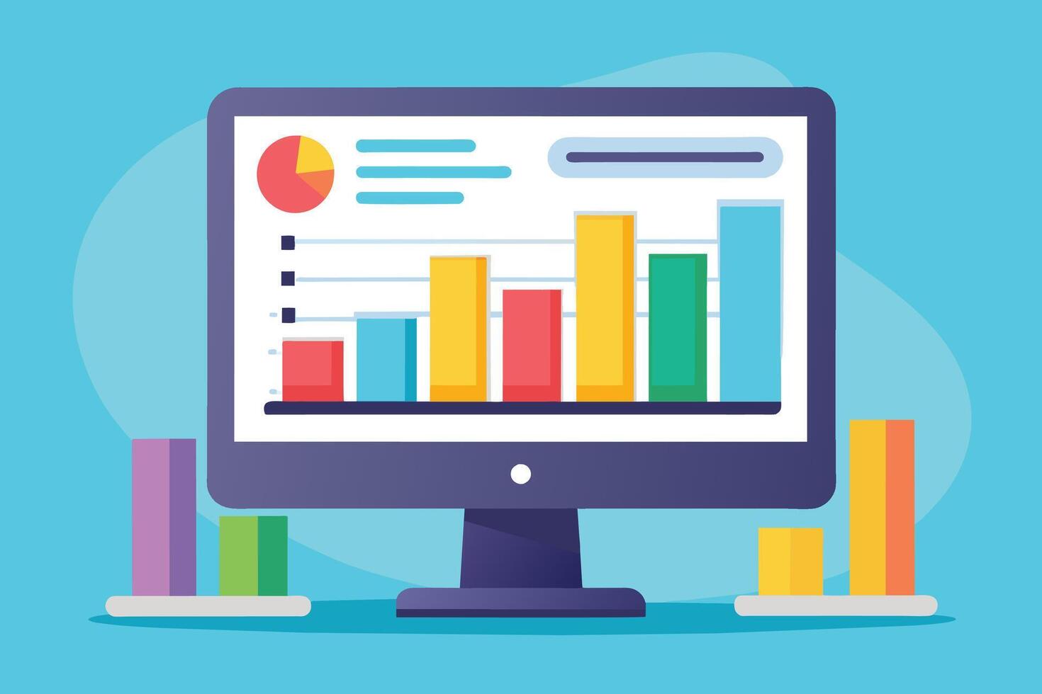 A computer screen displays a colorful bar graph and pie chart, indicating analytics or data analysis. vector