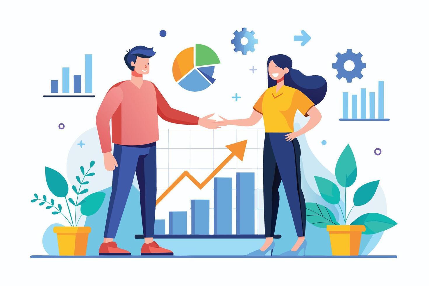 Two business partners shake hands in front of a bar graph with an upward trend arrow, representing growth and success. vector